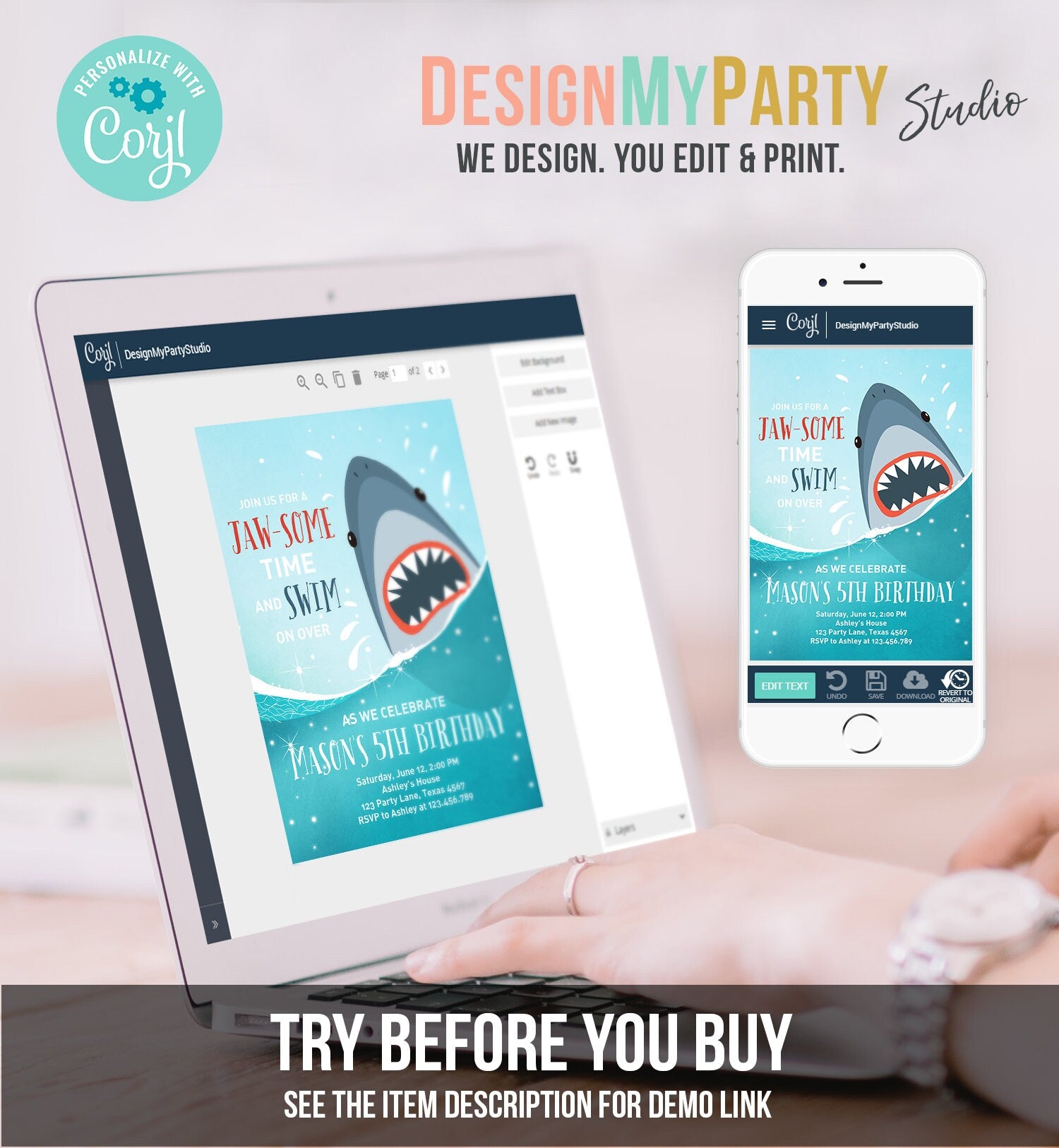 Editable Shark Birthday Invitation Shark Invitation Fintastic Shark Party Shark JawSome Under The Sea Download Printable Template Corjl 0089