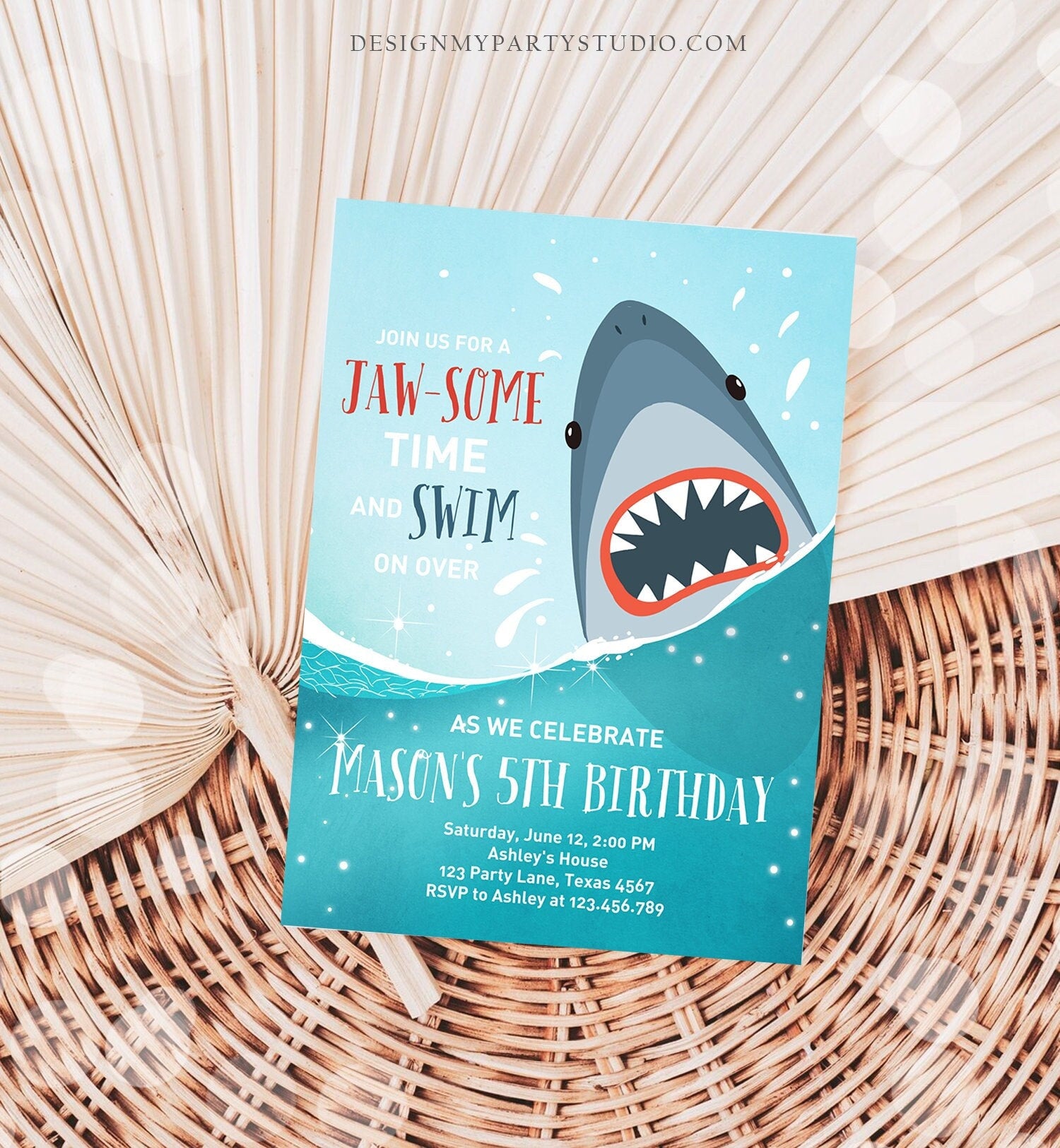 Editable Shark Birthday Invitation Shark Invitation Fintastic Shark Party Shark JawSome Under The Sea Download Printable Template Corjl 0089