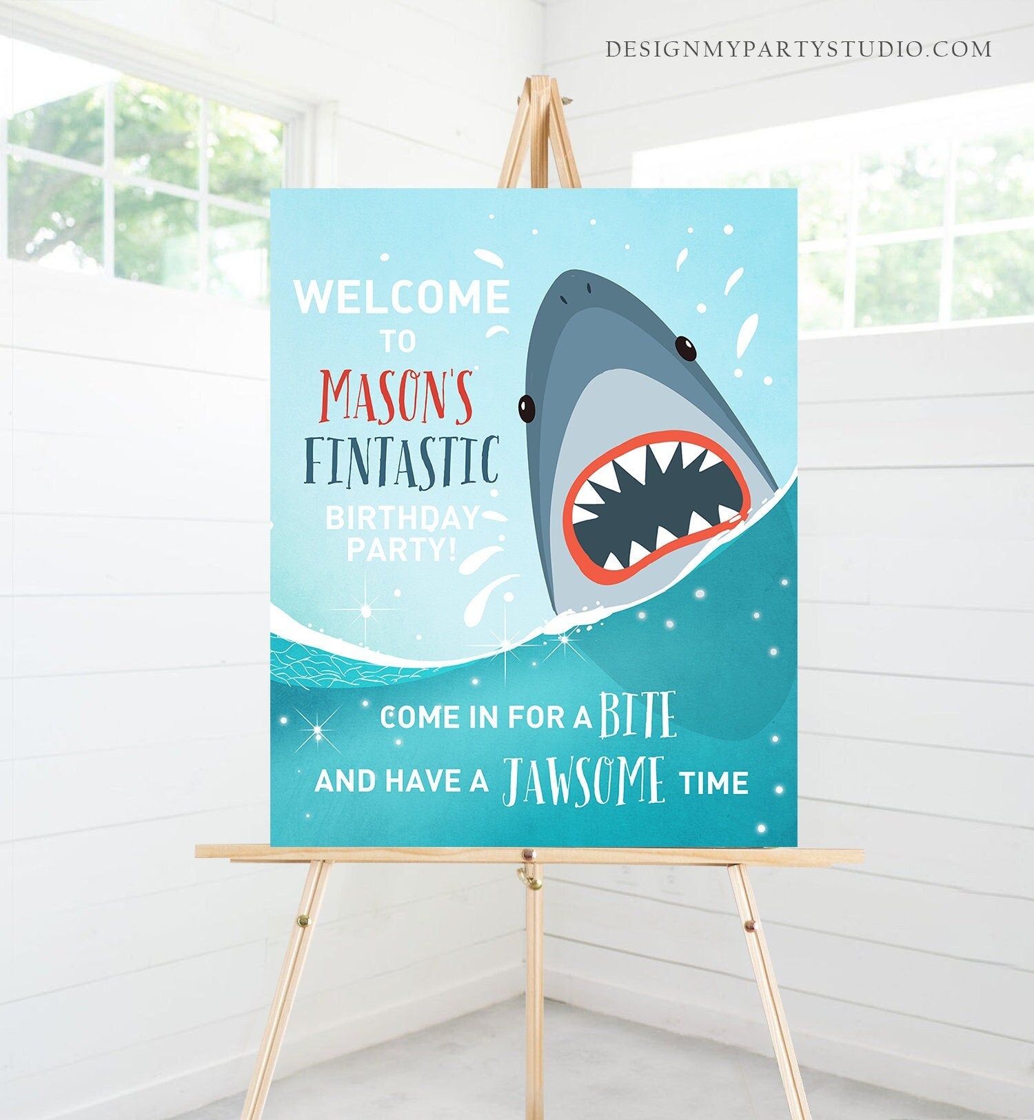 Editable Shark Welcome Sign Shark Birthday Sign Under The Sea Sharktastic Fintastic Jawsome Pool Party Boy Template Corjl PRINTABLE 0089