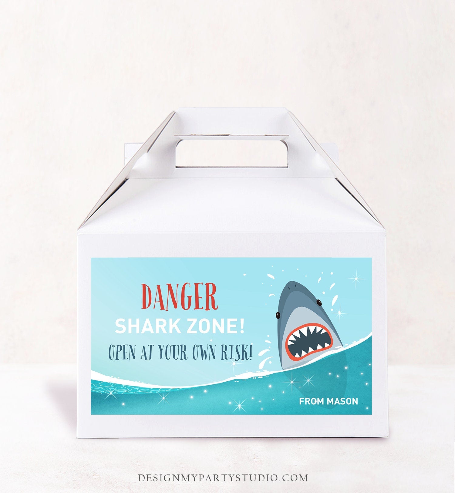 Editable Shark Gable Box Favor Label Shark Birthday Favor Box Label Boy Pool Party Fintastic Ocean Sea Digital Download Printable Corjl 0089