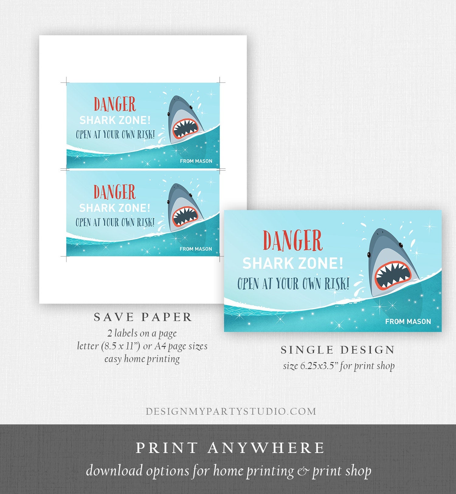 Editable Shark Gable Box Favor Label Shark Birthday Favor Box Label Boy Pool Party Fintastic Ocean Sea Digital Download Printable Corjl 0089