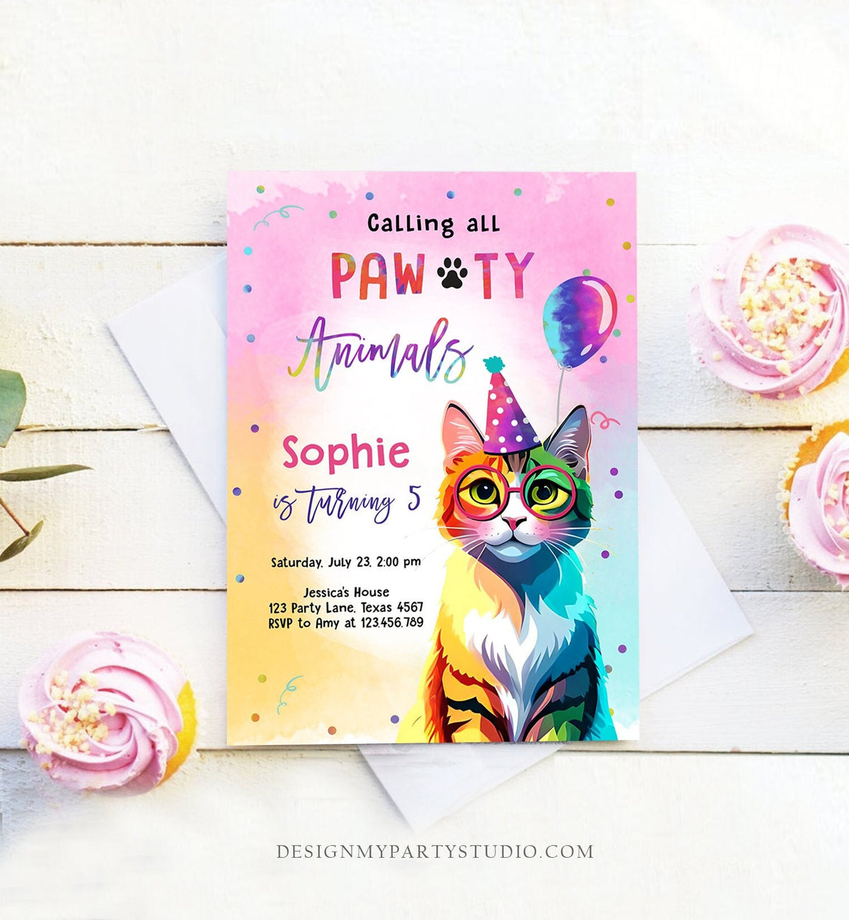 Editable Cat Birthday Party Invitation Kitten Birthday Invite Calling All Pawty Animals Party Animals Download Printable Template Corjl 0476