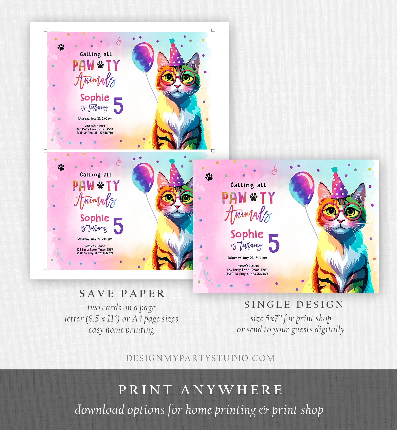 Editable Cat Birthday Party Invitation Kitten Birthday Invite Calling All Pawty Animals Party Animals Download Printable Template Corjl 0476