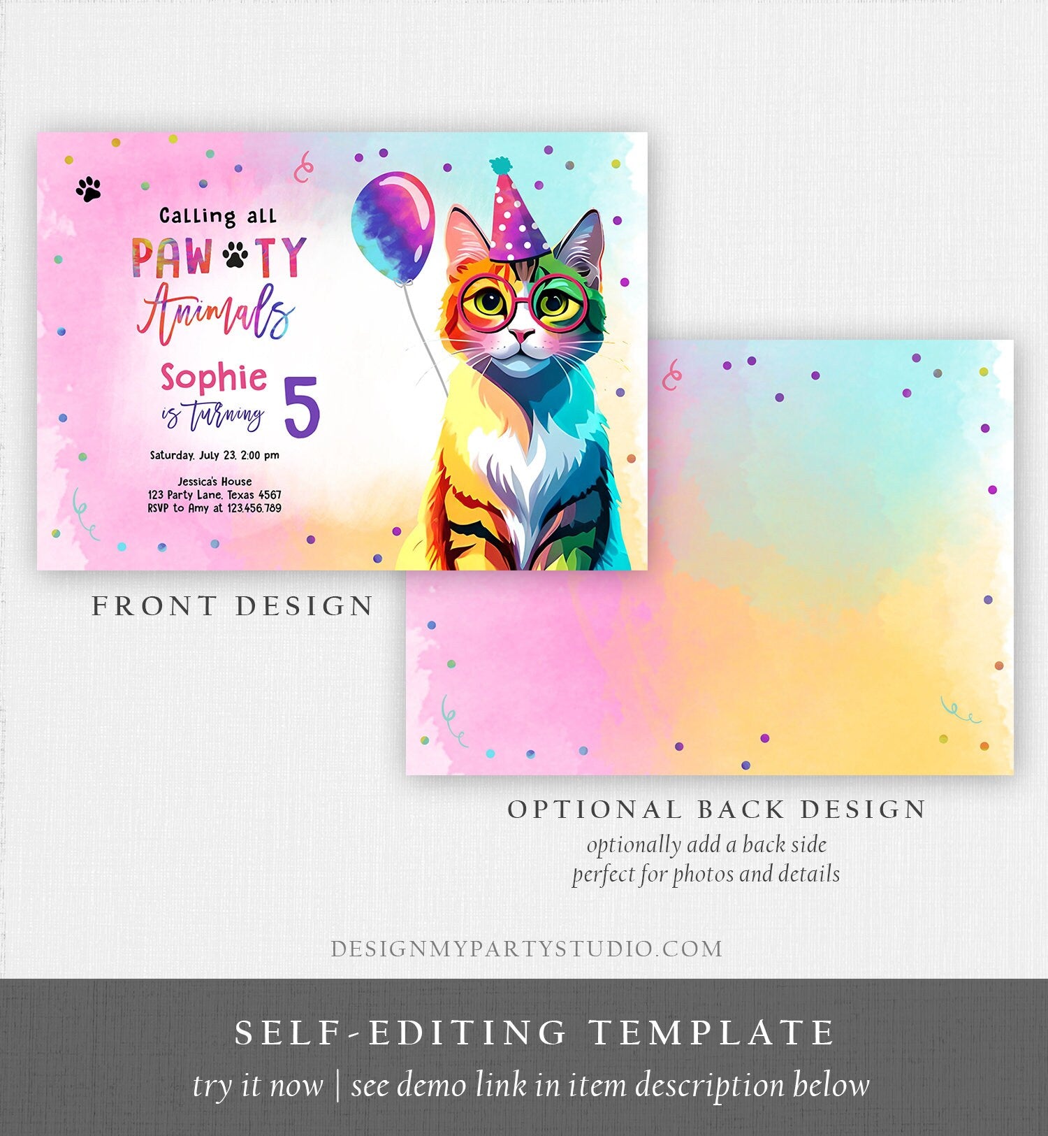 Editable Cat Birthday Party Invitation Kitten Birthday Invite Calling All Pawty Animals Party Animals Download Printable Template Corjl 0476