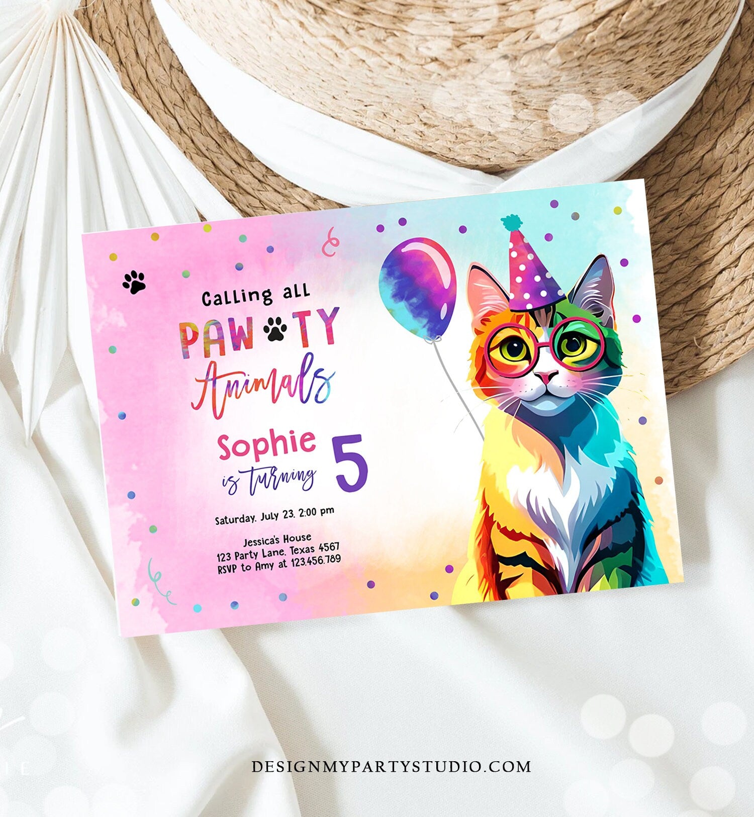 Editable Cat Birthday Party Invitation Kitten Birthday Invite Calling All Pawty Animals Party Animals Download Printable Template Corjl 0476