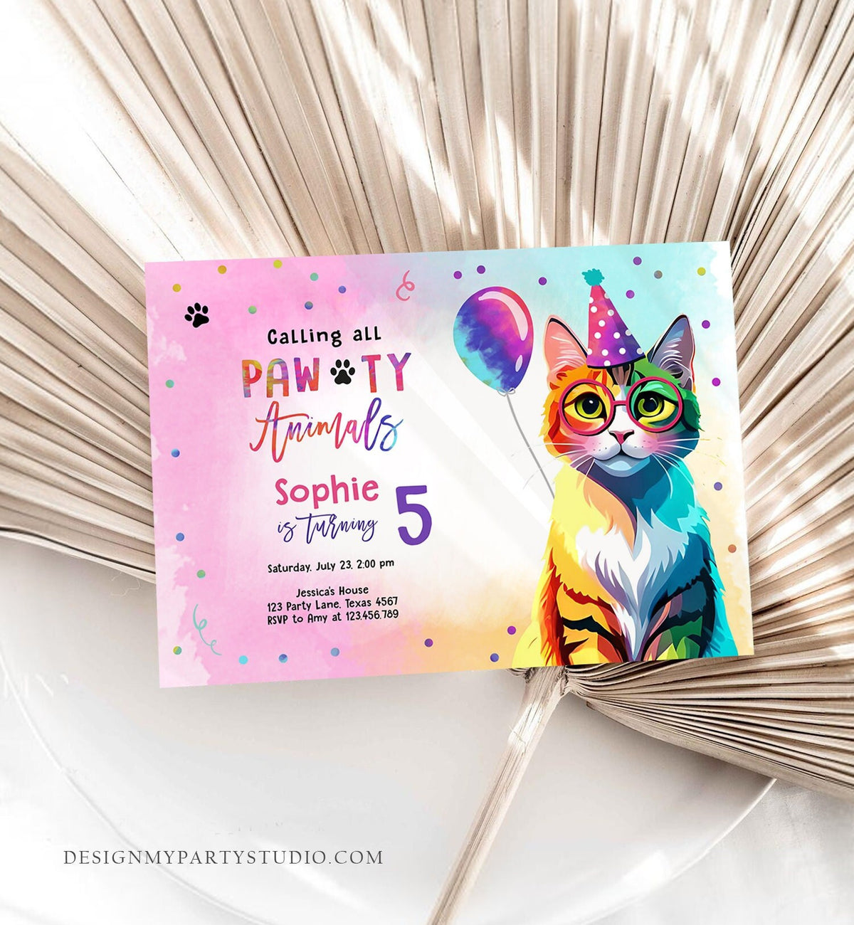 Editable Cat Birthday Party Invitation Kitten Birthday Invite Calling All Pawty Animals Party Animals Download Printable Template Corjl 0476