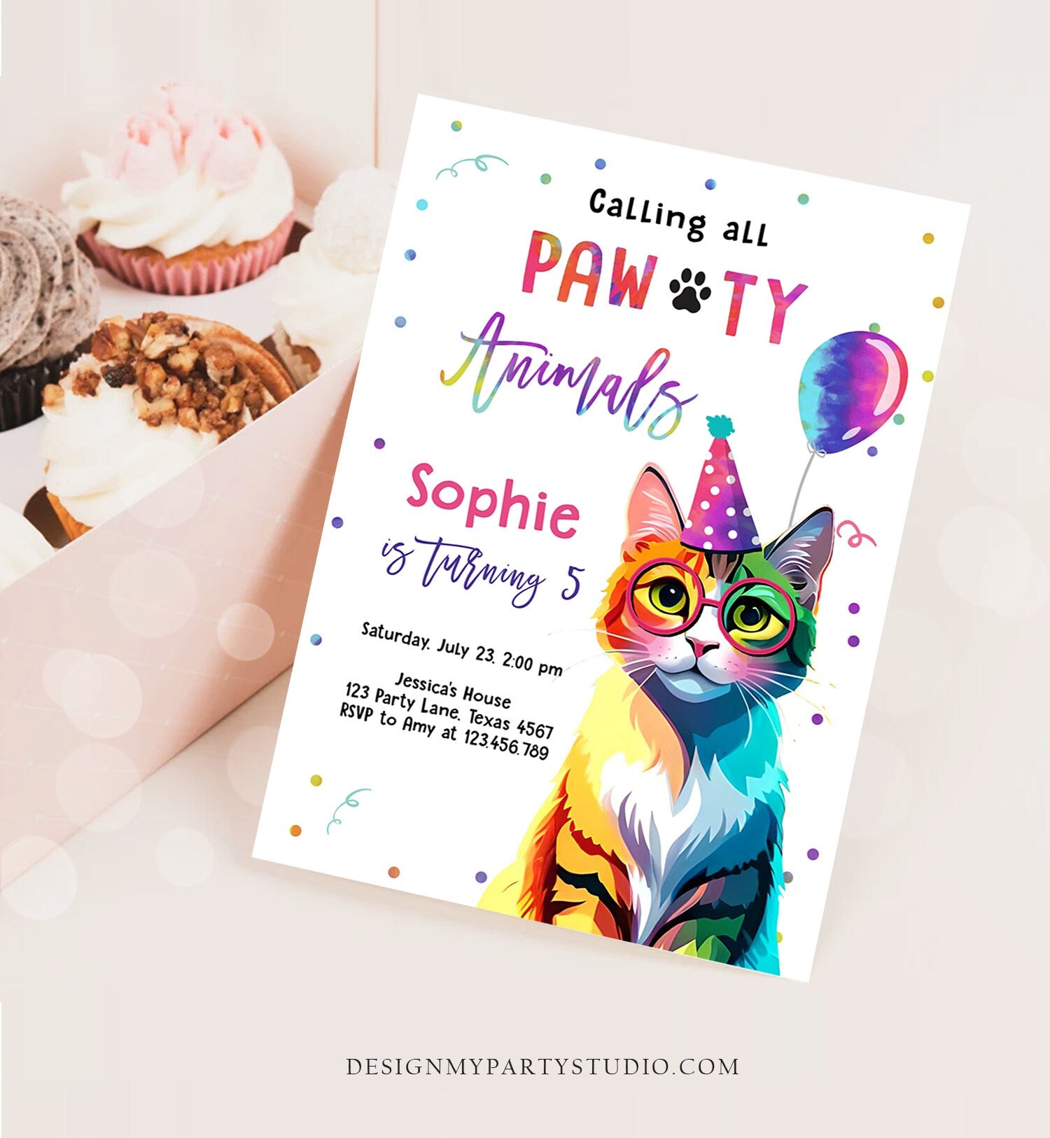 Editable Cat Birthday Party Invitation Kitten Birthday Invite Calling All Pawty Animals Party Animals Download Printable Template Corjl 0476