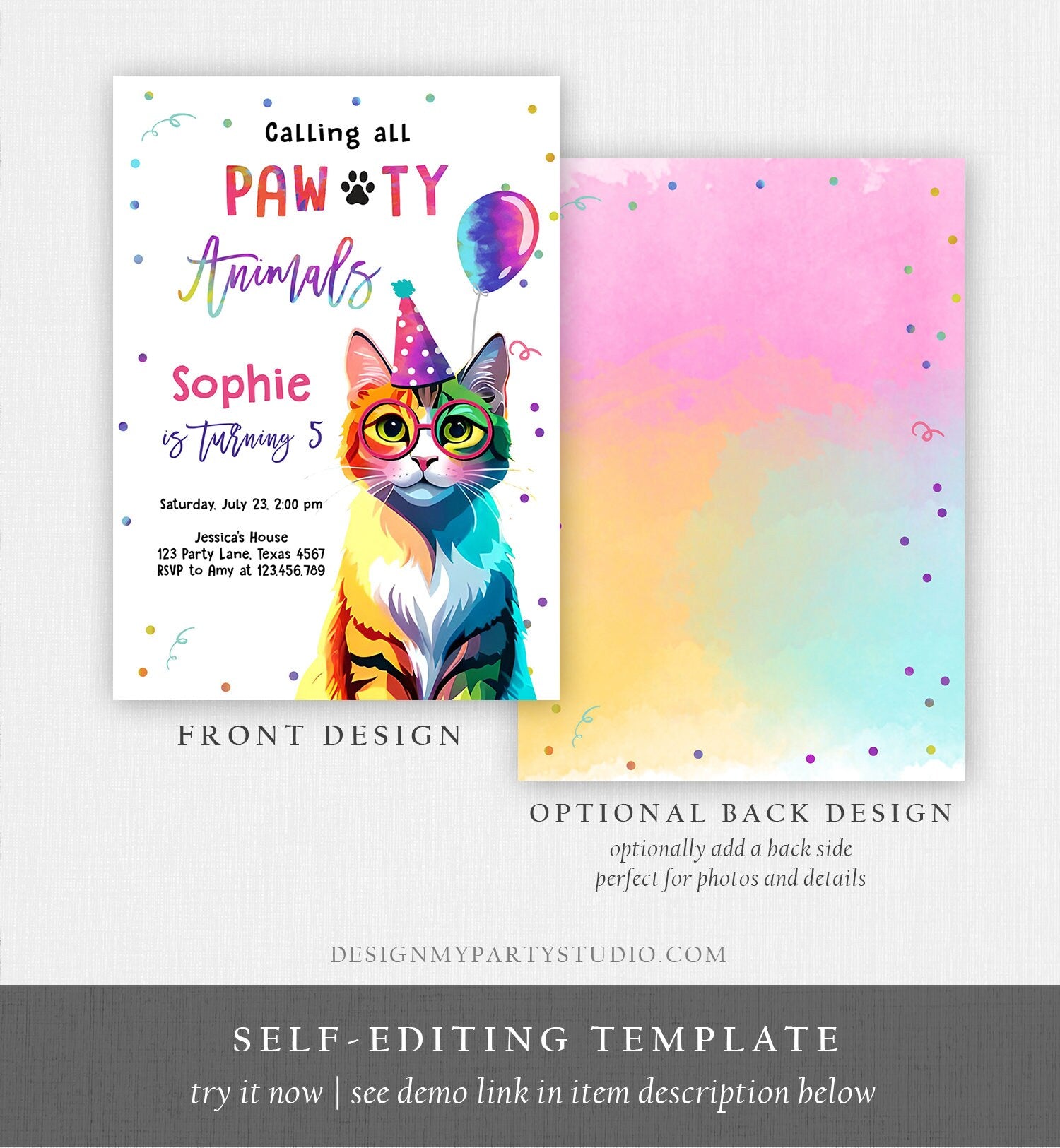 Editable Cat Birthday Party Invitation Kitten Birthday Invite Calling All Pawty Animals Party Animals Download Printable Template Corjl 0476