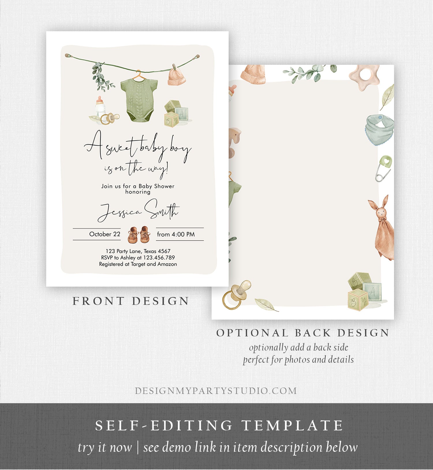 Editable Boy Baby Shower Invitation Boho Baby Shower Invitation Coed Shower Baby Clothes Rustic Download Printable Template Corjl 0470