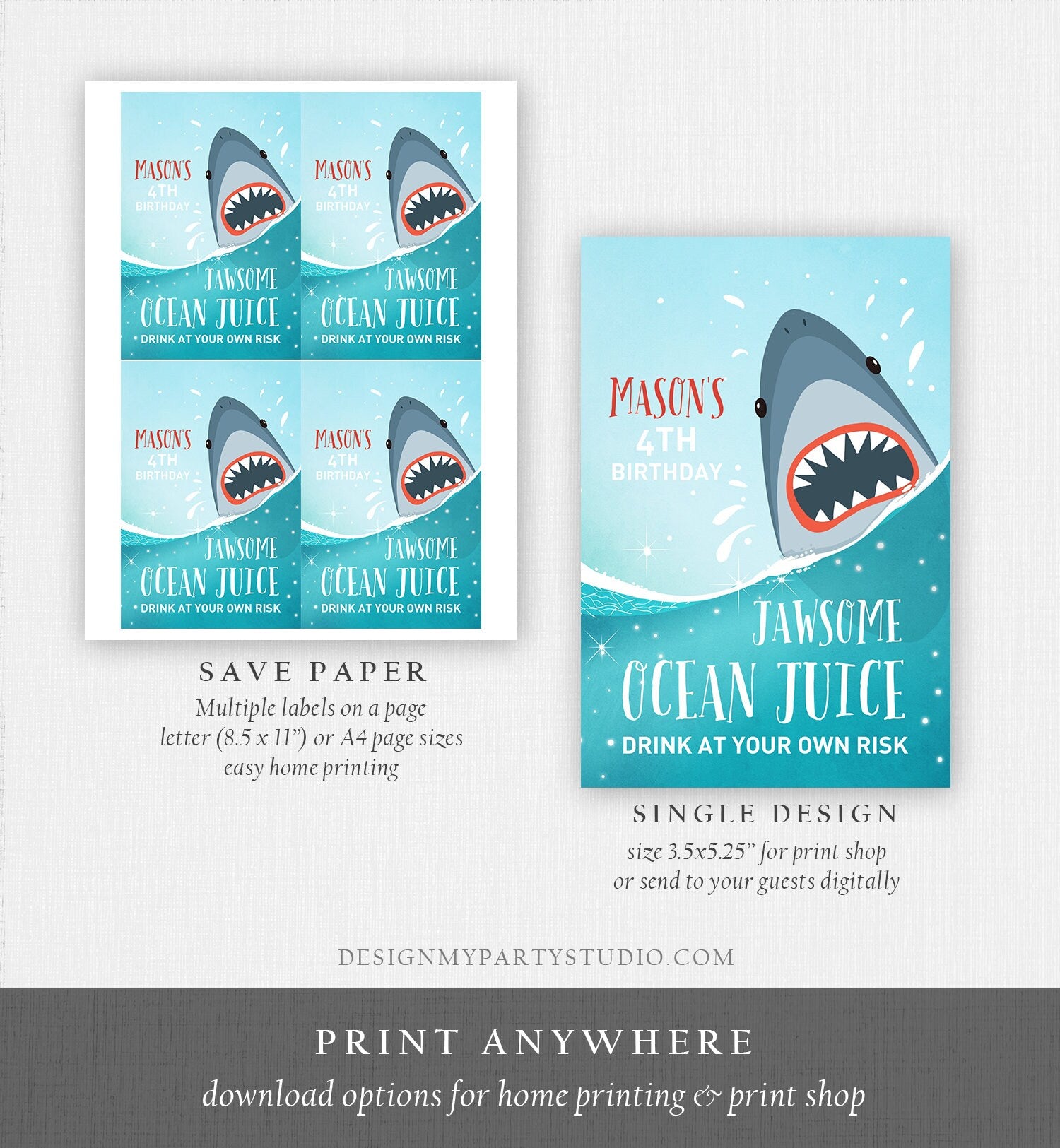 Editable Shark Birthday Juice Pouch Label Juice Favors Shark Labels Boy Ocean Jawsome Fintastic Sea Digital Download Template Printable 0089