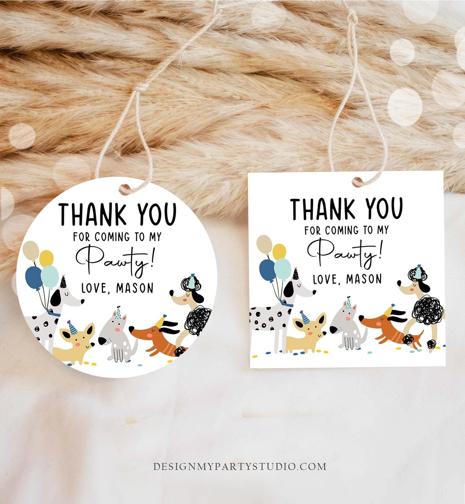 Editable Dog Favor Tags Puppy Dog Birthday Thank You Tag Boy Blue Puppies Pup Pet Animal Dog Themed Stickers Template PRINTABLE Corjl 0429