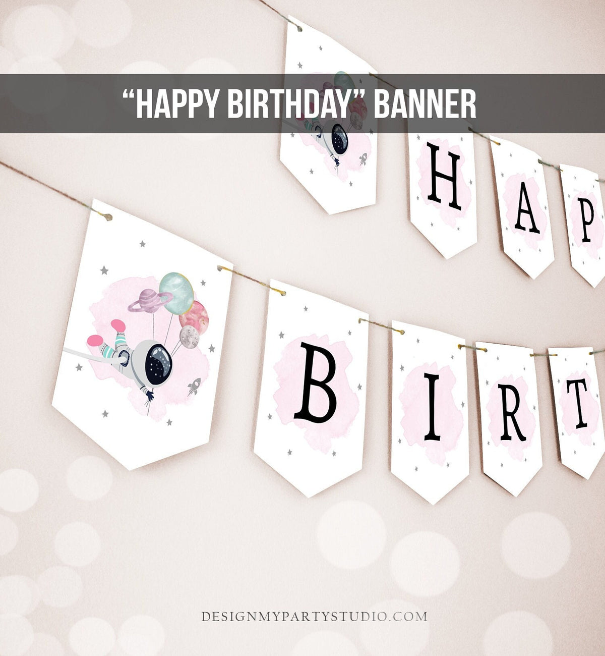 Happy Birthday Banner Outer Space Planets Banner Girl Galaxy Pink Birthday Decorations Rocket Instant Download PRINTABLE DIGITAL DIY 0366