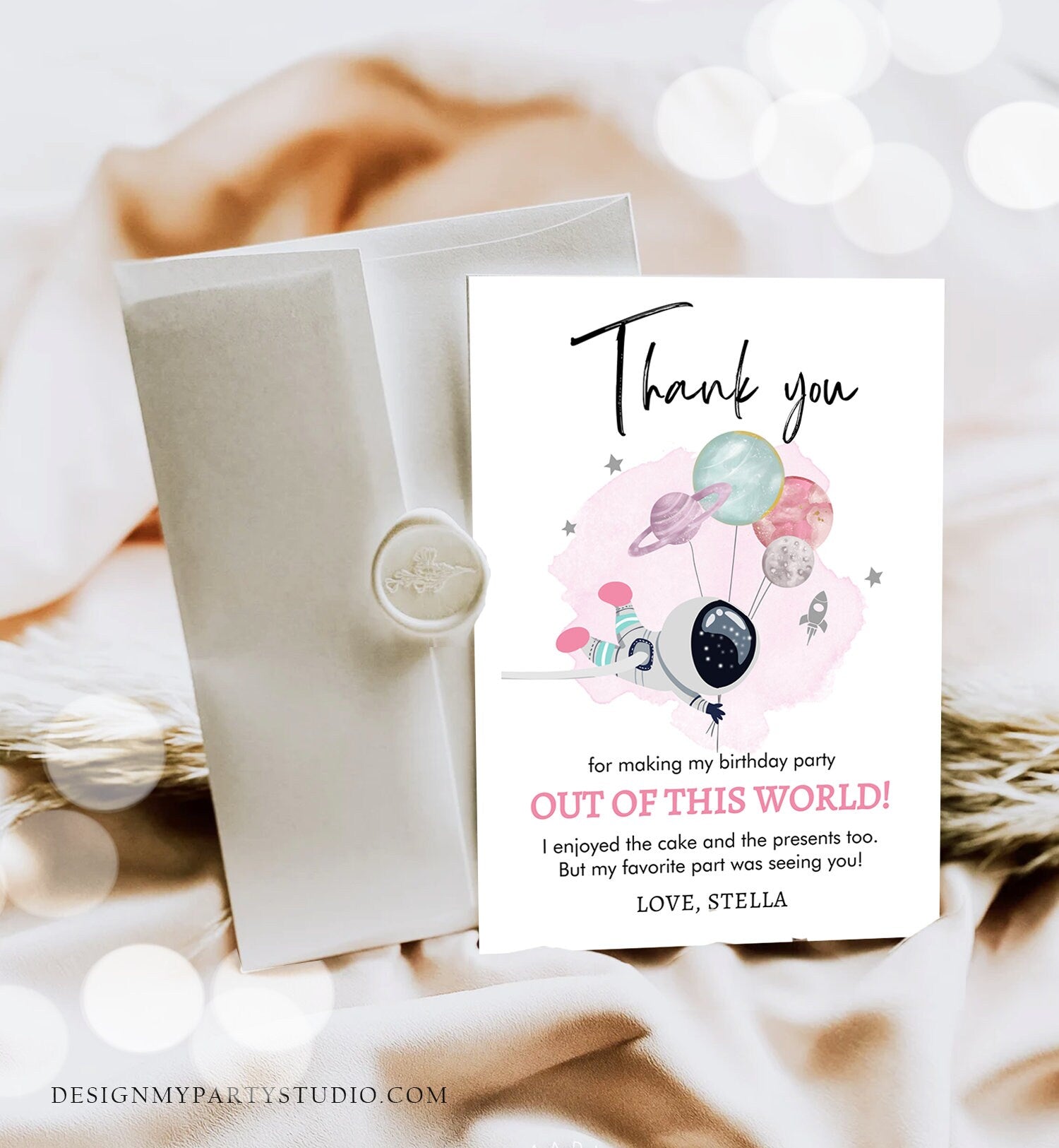 Editable Space Birthday Thank You Card Girl Space Astronaut To the Moon Galaxy Thank You Note Download Printable Template Digital Corjl 0366