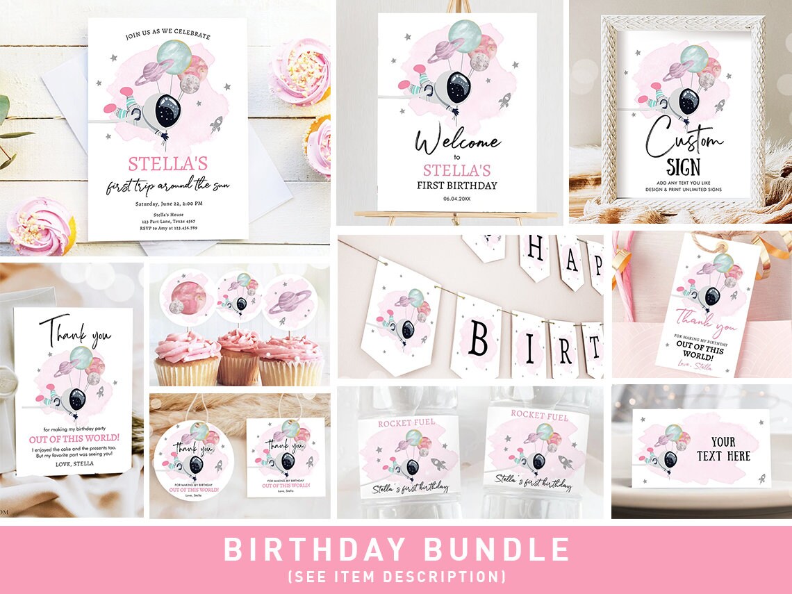 Space Birthday Invitation Bundle Space Party Birthday First Trip Around the Sun Galaxy Girl Astronaut Blast Printable Corjl Template 0366