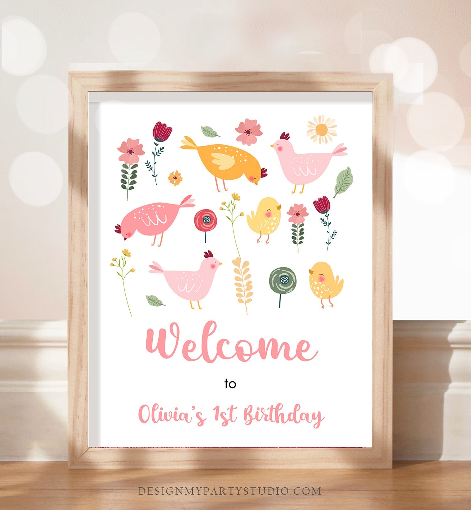 Editable Little Chick Birthday Welcome Sign Barnyard Birthday Girl Spring Birthday Farm Animals Chicken Easter Template Corjl PRINTABLE 0446