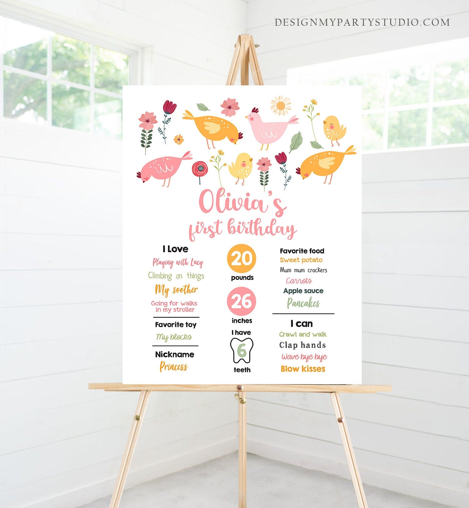 Editable Little Chick Birthday Milestones Sign Girl 1st Birthday Party Farm Barnyard Floral Chicken Easter Download Template Printable 0446