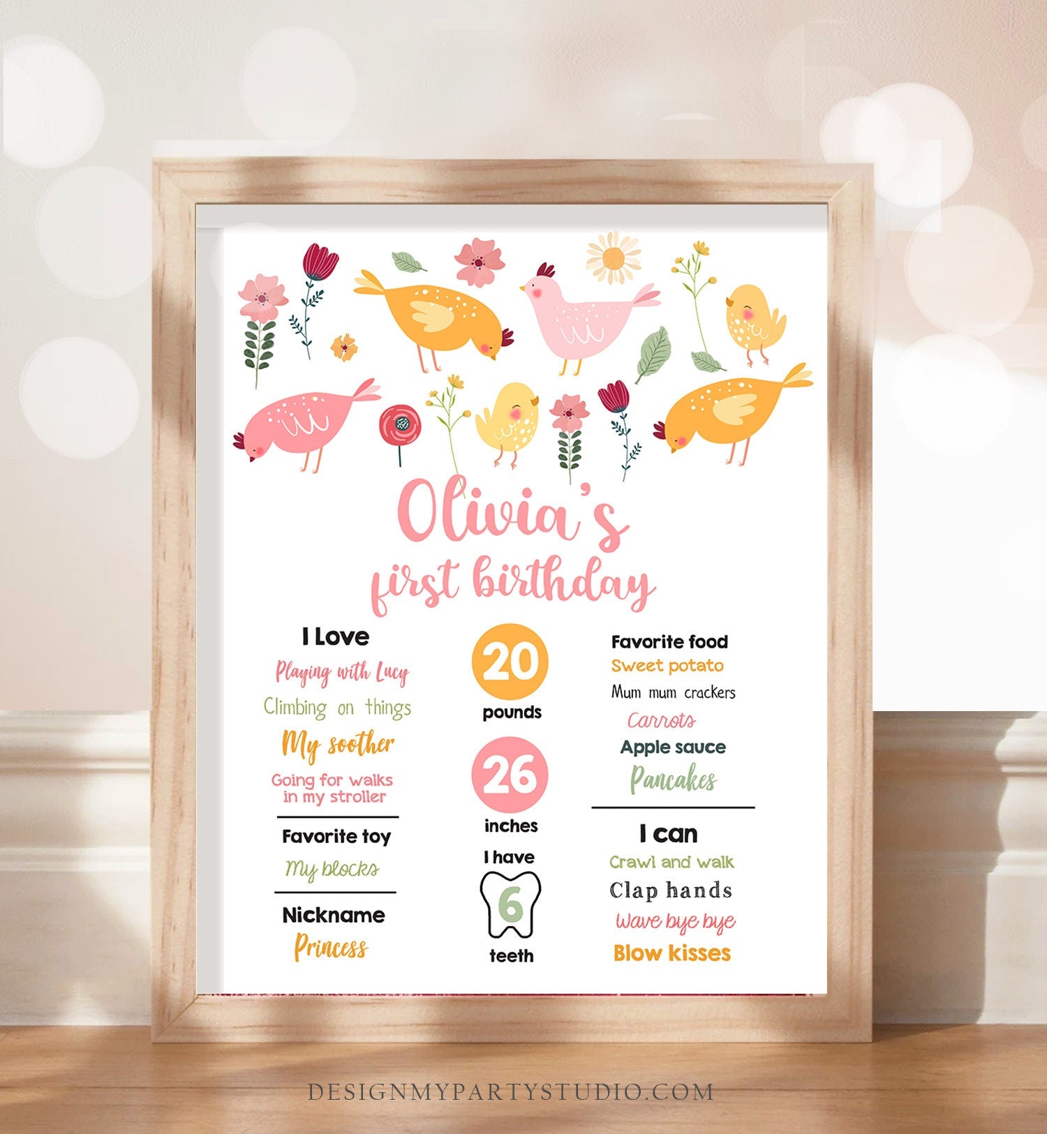 Editable Little Chick Birthday Milestones Sign Girl 1st Birthday Party Farm Barnyard Floral Chicken Easter Download Template Printable 0446