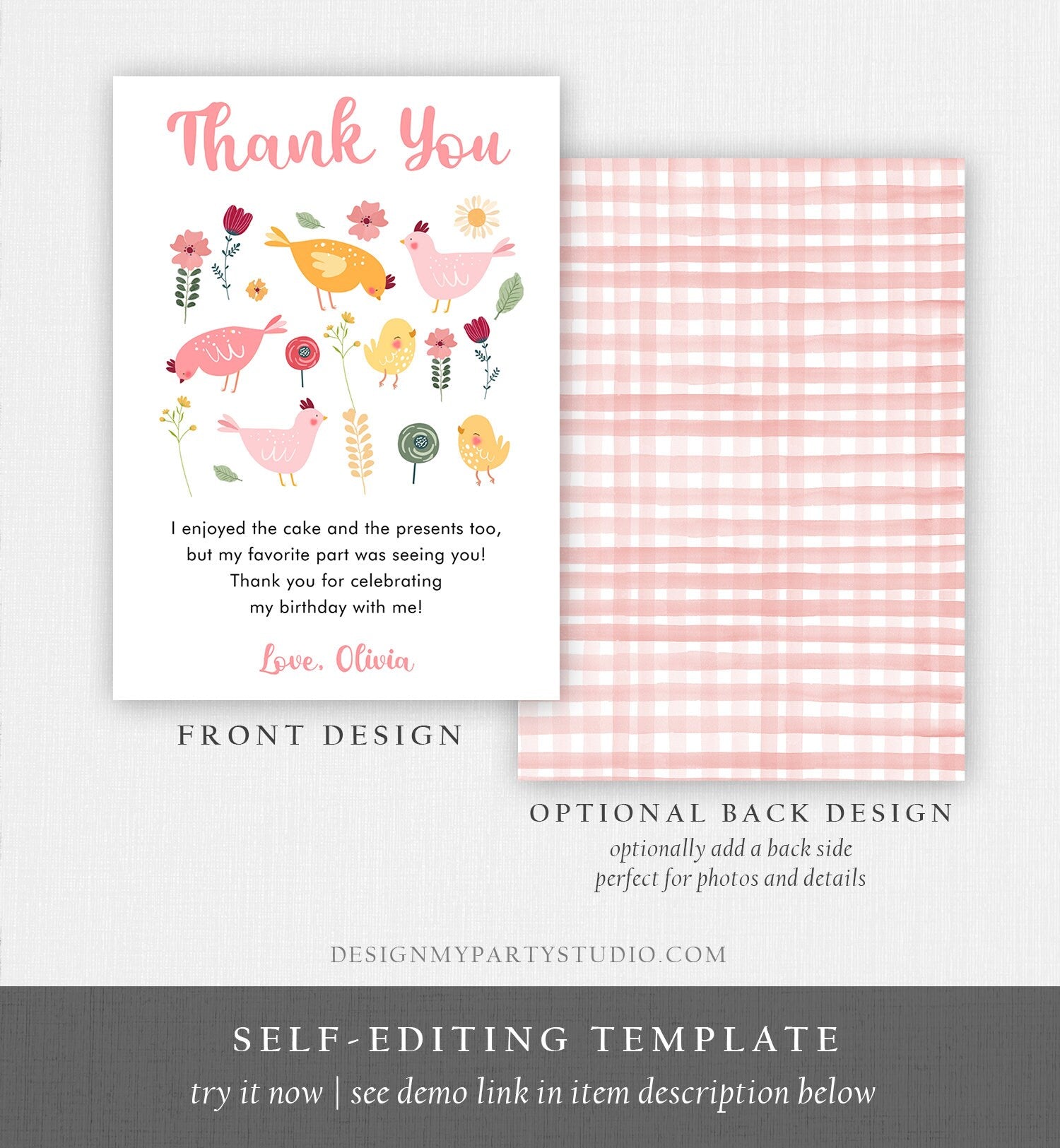 Editable Little Chick Birthday Thank You Card Pink Gingham Farm Birthday Girl Barnyard Chicken Party Easter Template Download Corjl 0446