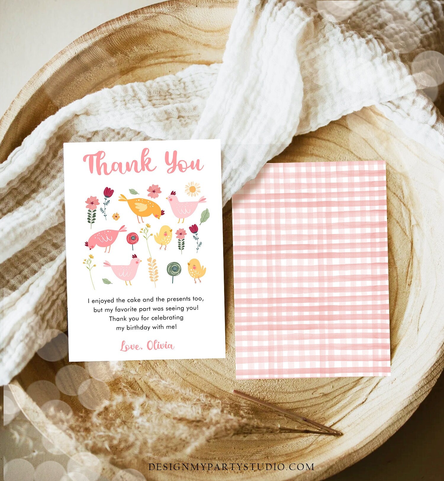 Editable Little Chick Birthday Thank You Card Pink Gingham Farm Birthday Girl Barnyard Chicken Party Easter Template Download Corjl 0446