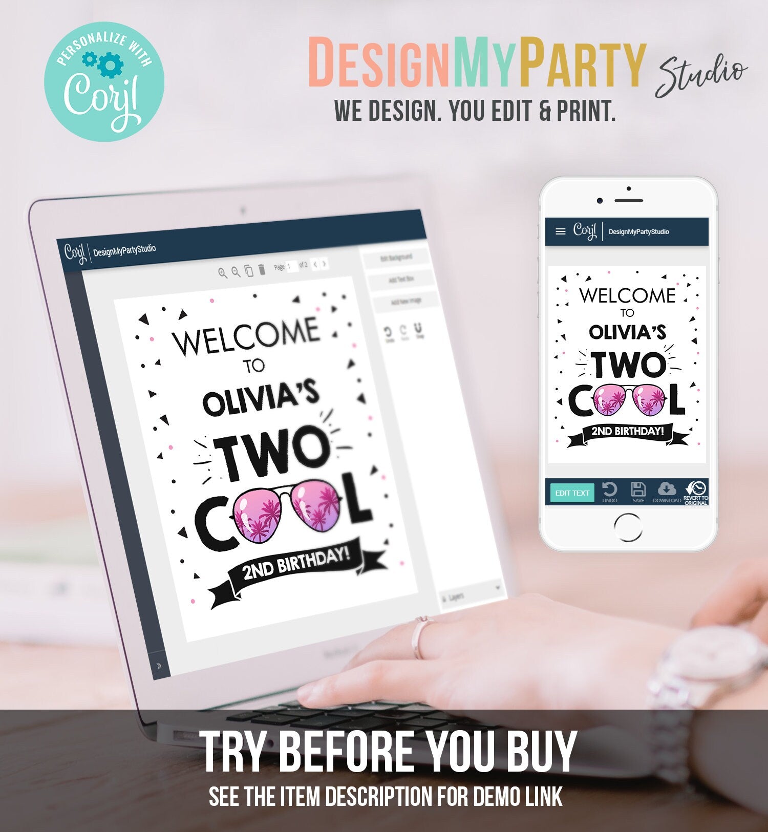 Editable Two Cool Birthday Welcome Sign 2nd Birthday I'm This Many Welcome Girl Birthday Sunglasses Palm Template PRINTABLE Corjl 0136