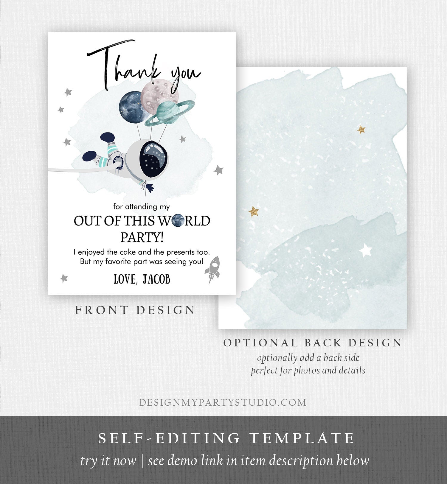 Editable Space Birthday Thank You Card Space Astronaut Thank You Note Planets Boy Blue Digital Download Template Printable 0366