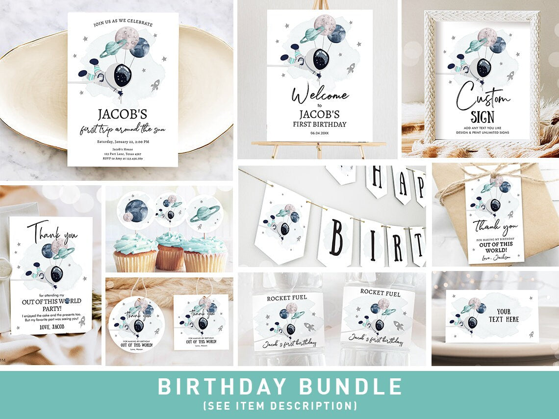 Space Birthday Invitation Bundle Space Party 1st Birthday First Trip Around the Sun Galaxy Boy Astronaut Digital Template Printable 0366