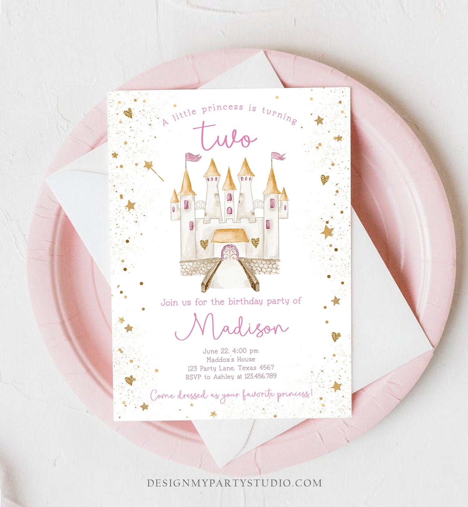 Editable Princess Castle Second Birthday Invitation Once Upon a Time Princess Royal Girl Magical Celebration Template Corjl Printable 0477