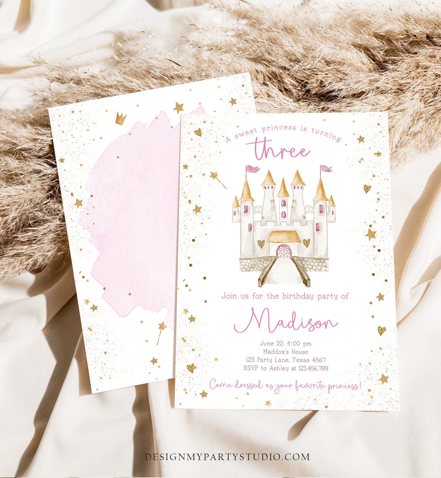 Editable Princess Castle Third Birthday Invitation Once Upon a Time Princess Royal Girl Magical Celebration Template Corjl Printable 0477