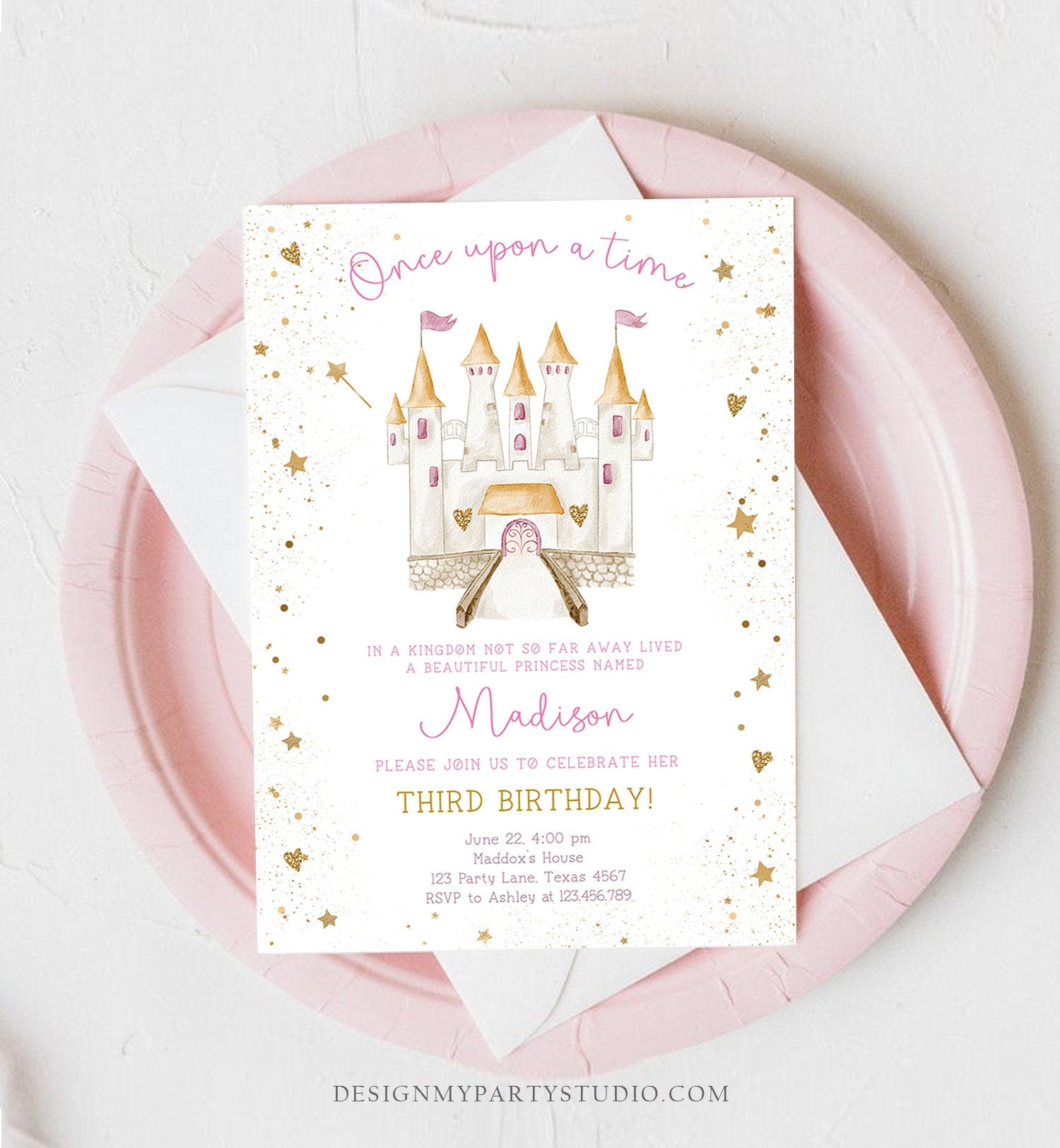 Editable Princess Castle Birthday Invitation Once Upon a Time Princess Royal Girl Magical Celebration Digital Template Printable 0477