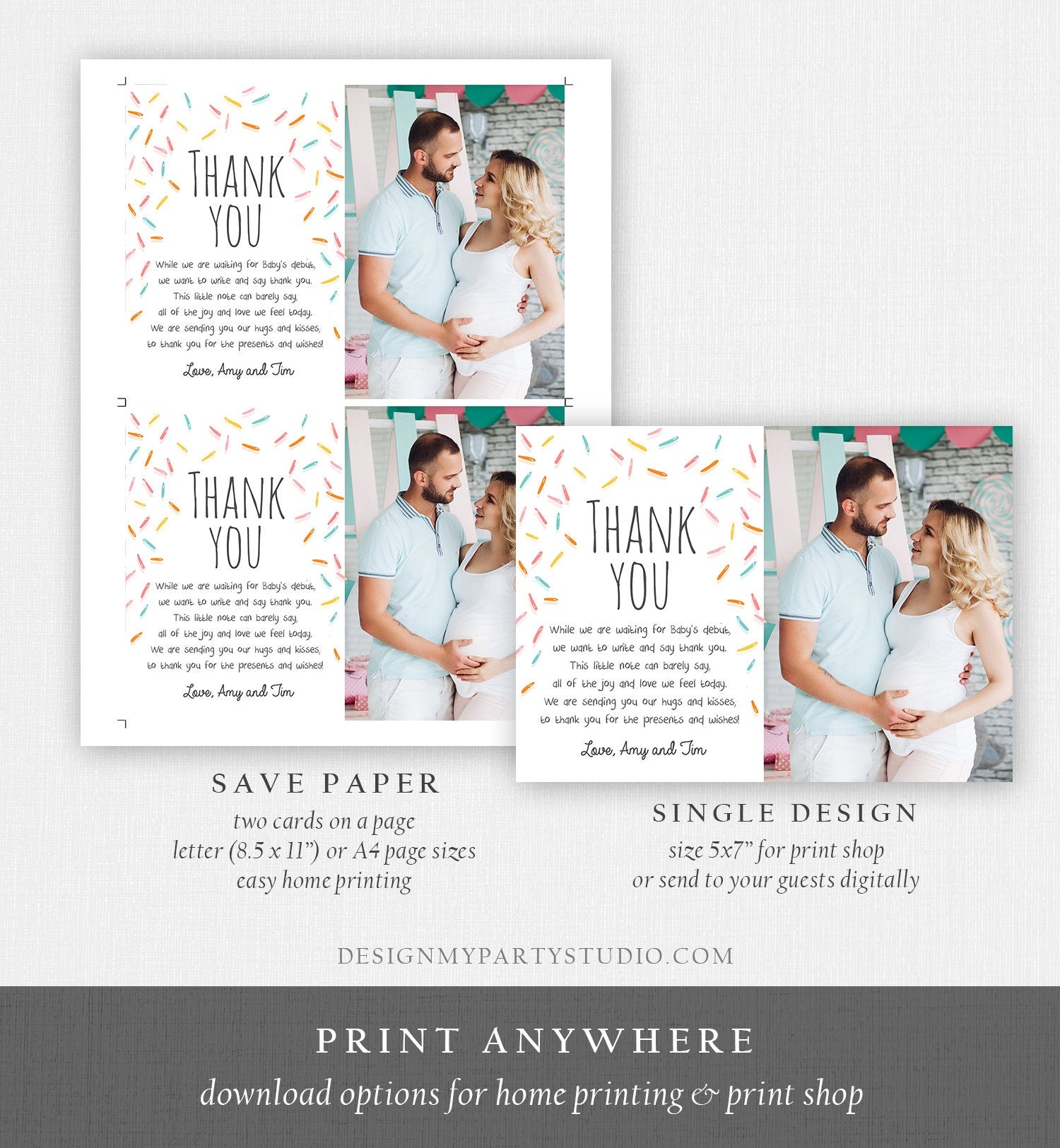 Editable Baby Sprinkle Thank You Card Rainbow Sprinkle Baby Shower Gender Neutral Coed Photo Sprinkles Digital Corjl Template Printable 0216