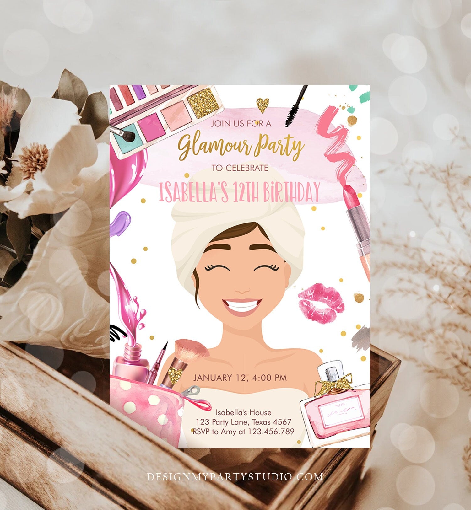 Editable Glamour Birthday Party Glitters and Glamour Spa Makeup Birthday Invitation Pink Gold Girl Download Printable Template Evite 0420