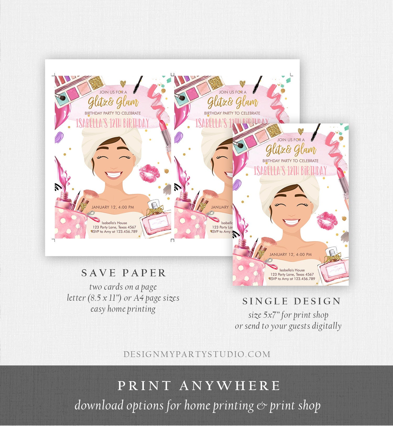 Editable Glitz and Glam Birthday Party Invitation Spa Party Makeup Birthday Invitation Pink Gold Girl Download Printable Template Corjl 0420