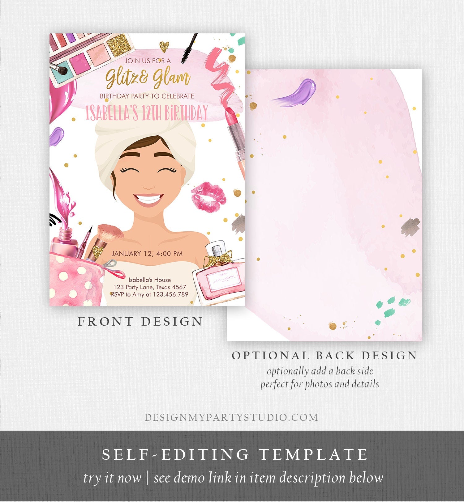 Editable Glitz and Glam Birthday Party Invitation Spa Party Makeup Birthday Invitation Pink Gold Girl Download Printable Template Corjl 0420