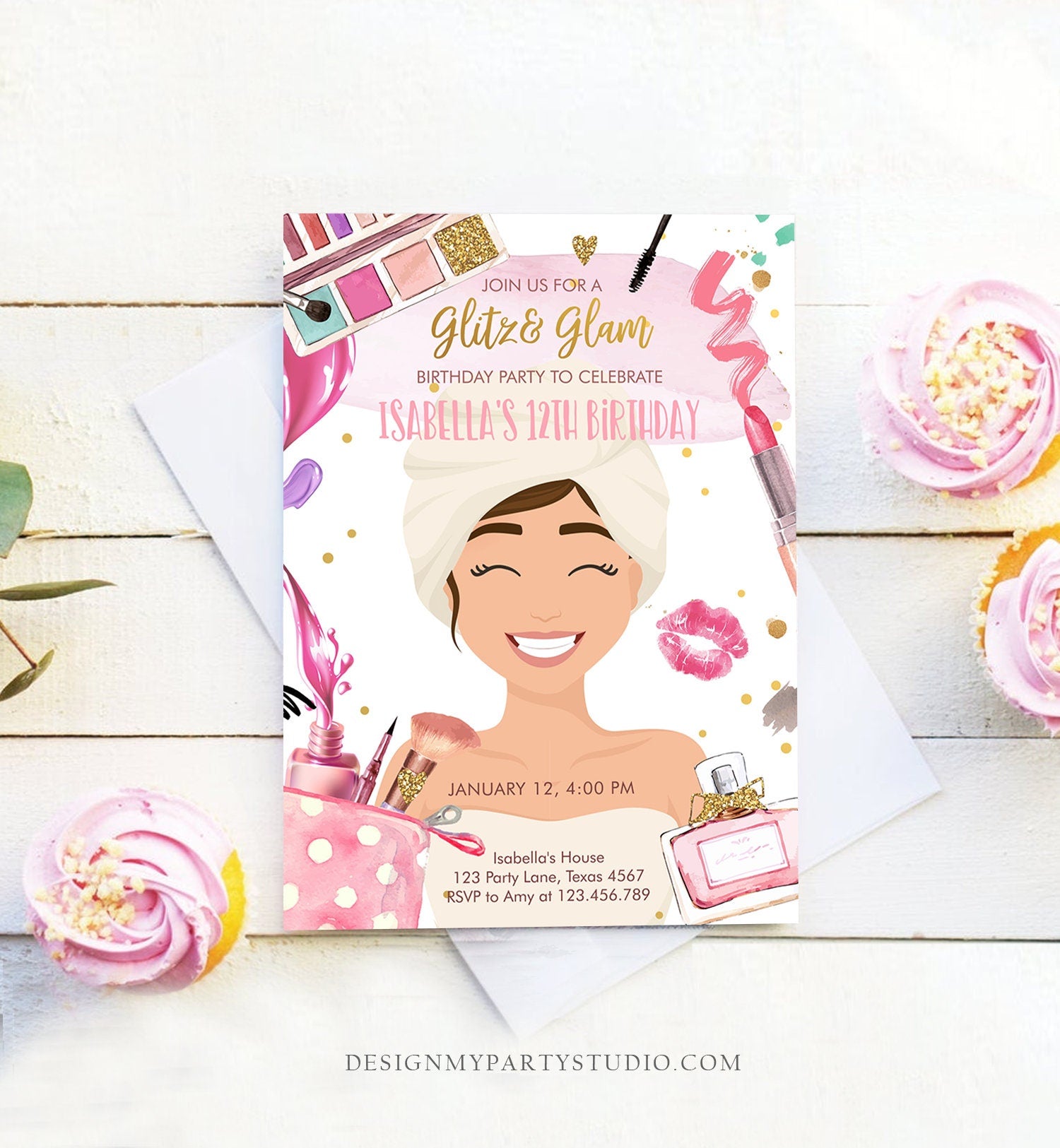 Editable Glitz and Glam Birthday Party Invitation Spa Party Makeup Birthday Invitation Pink Gold Girl Download Printable Template Corjl 0420