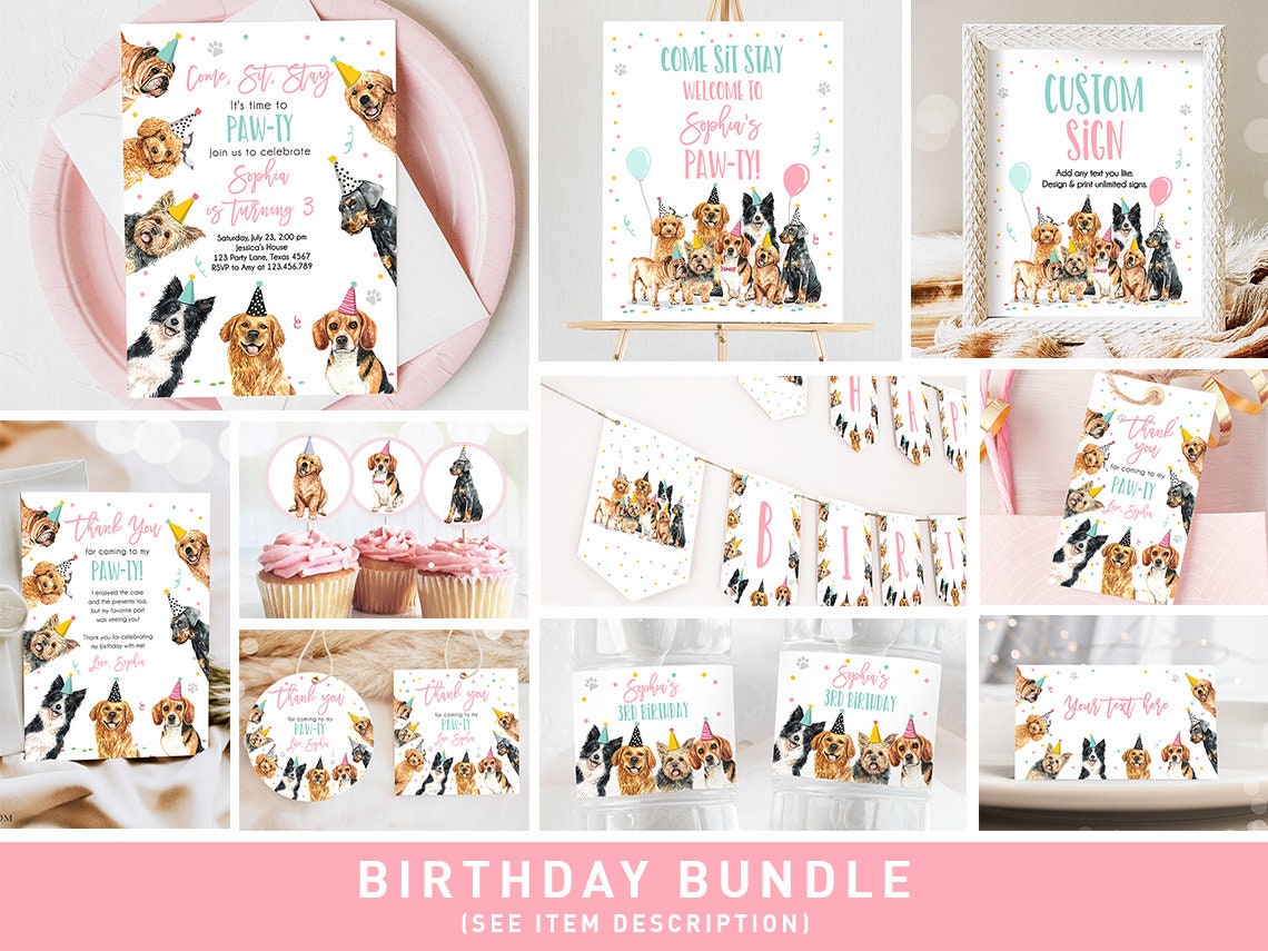 Dog Birthday Invitation Bundle Dogs Puppy Party Invite Birthday Come Sit Stay Girl 1st Birthday Digital Download Template Printable 0384