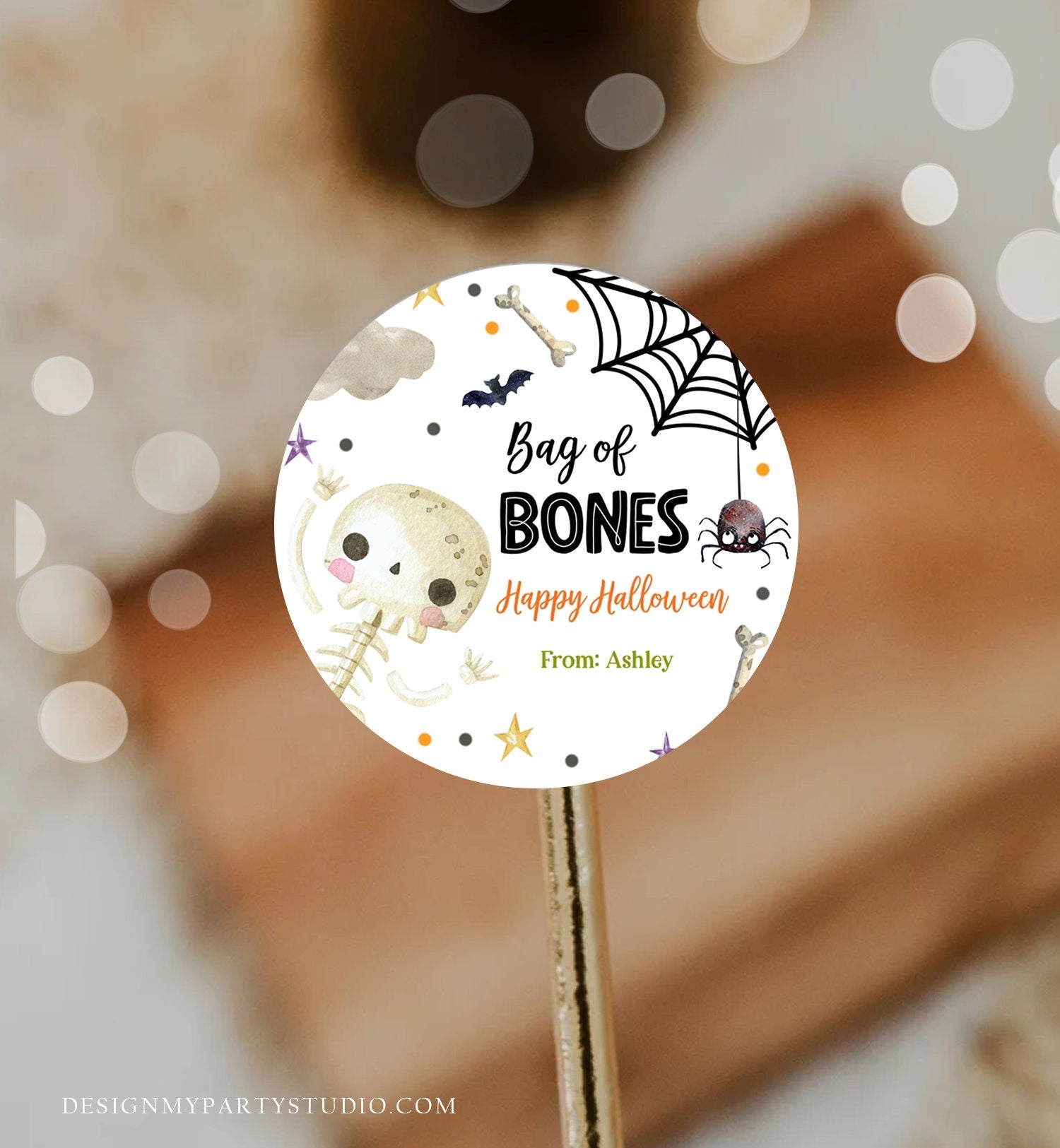 Editable Halloween Gift Tag Skeleton Sticker Trick Or Treat Halloween School Treat Bag of Bones Tag Download Printable Template Corjl 0261