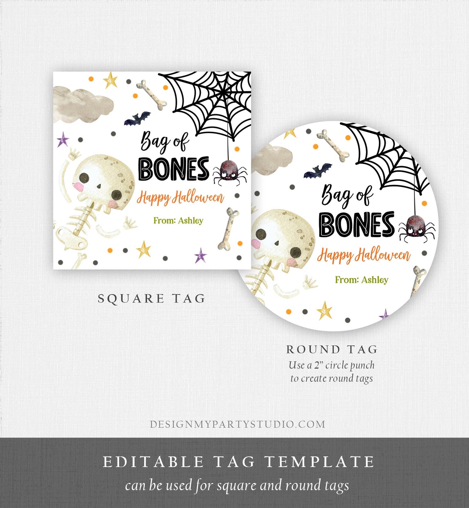 Editable Halloween Gift Tag Skeleton Sticker Trick Or Treat Halloween School Treat Bag of Bones Tag Download Printable Template Corjl 0261