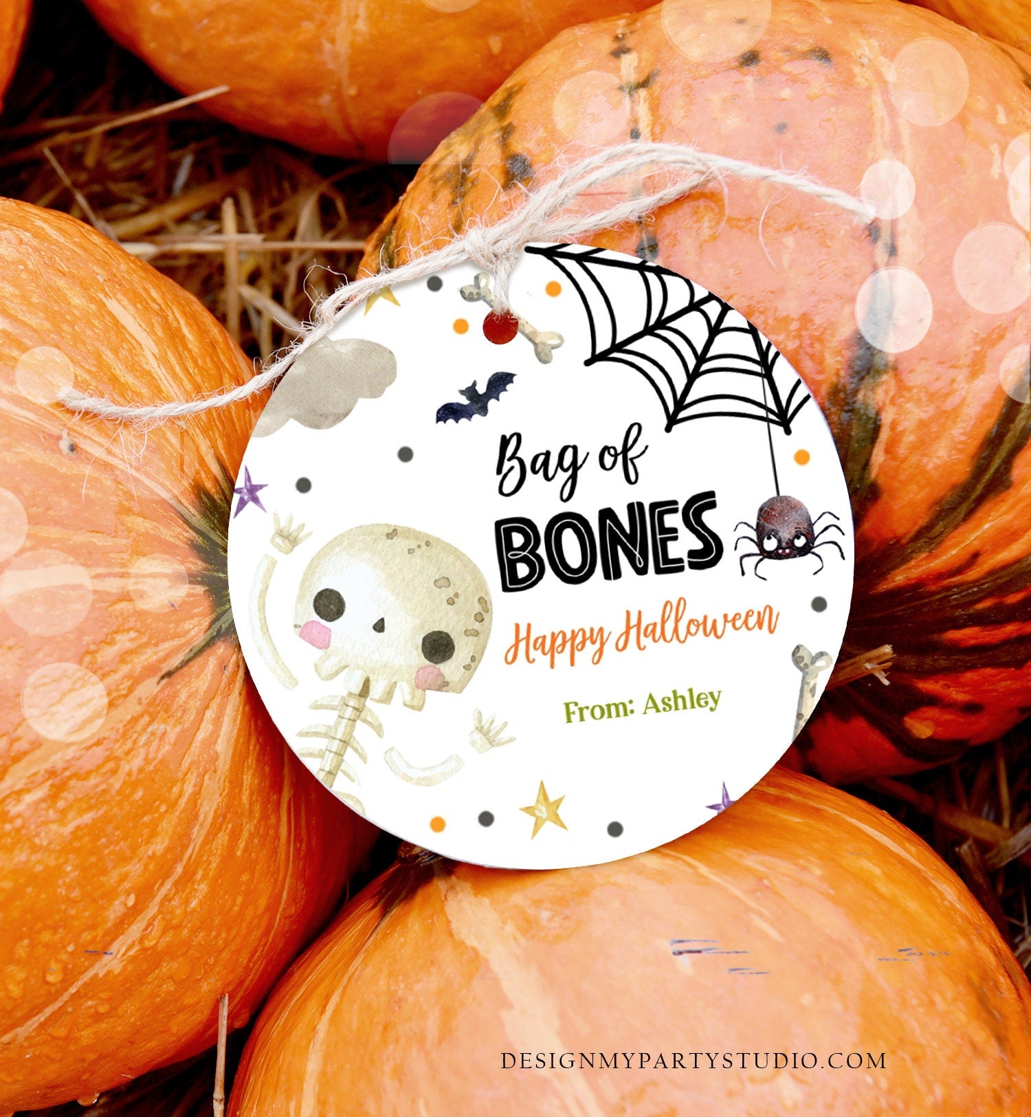 Editable Halloween Gift Tag Skeleton Sticker Trick Or Treat Halloween School Treat Bag of Bones Tag Download Printable Template Corjl 0261