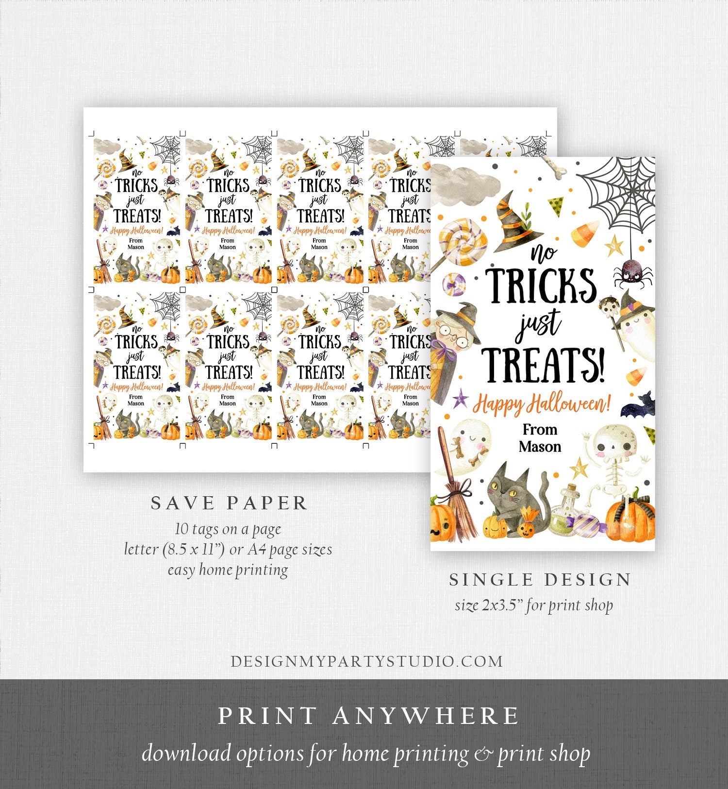 Editable Halloween Gift Tag No Tricks Just Treats Halloween Treat Tag Trick Or Treat Favor Tags Kids Download Template Printable 0261 0475