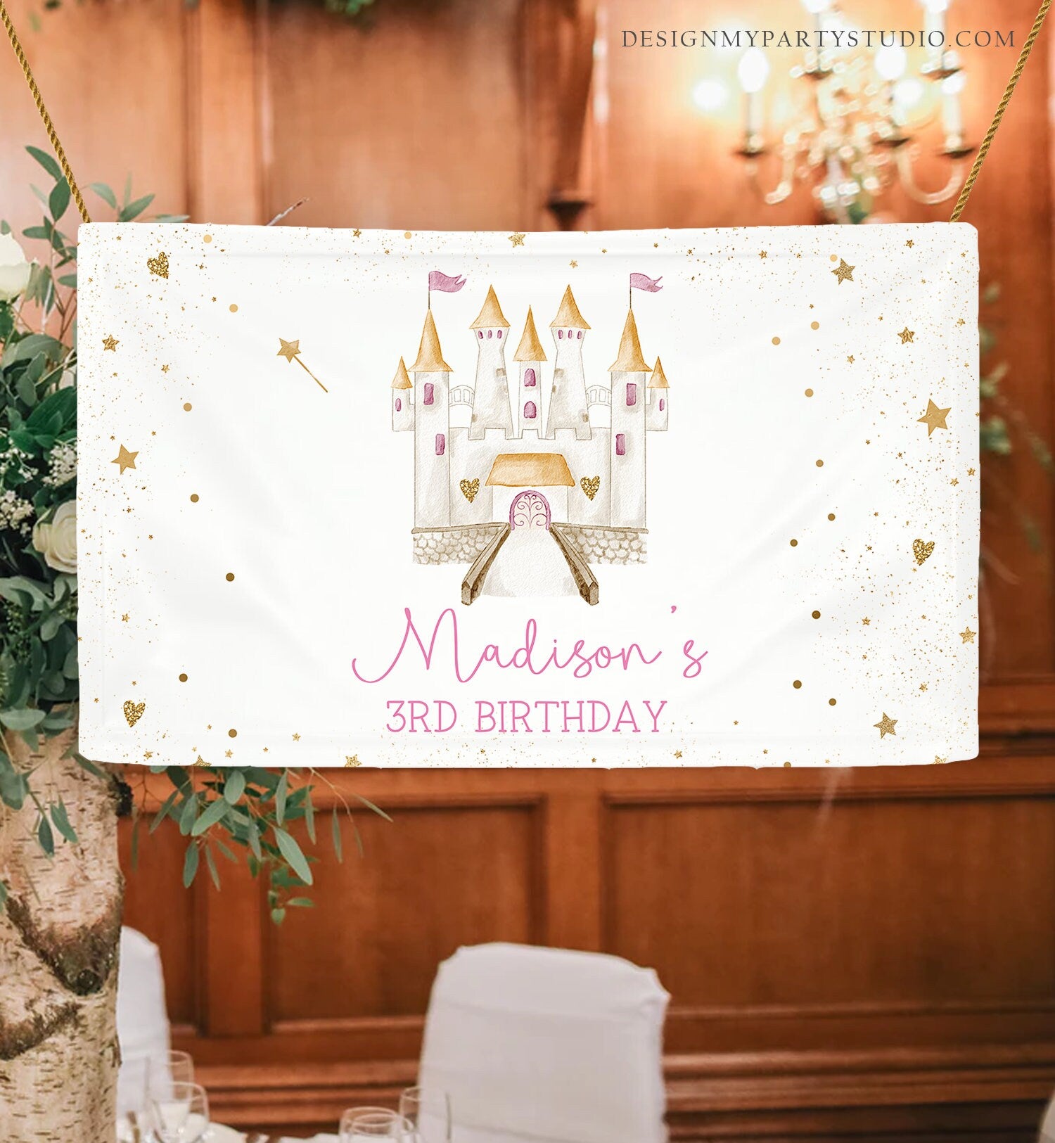 Editable Princess Castle Birthday Backdrop Royal Birthday Girl Pink Magical Celebration Decor Download Corjl Template Printable 0477