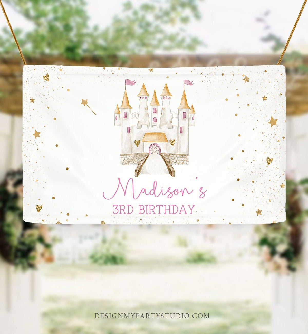 Editable Princess Castle Birthday Backdrop Royal Birthday Girl Pink Magical Celebration Decor Digital Download Template Printable 0477