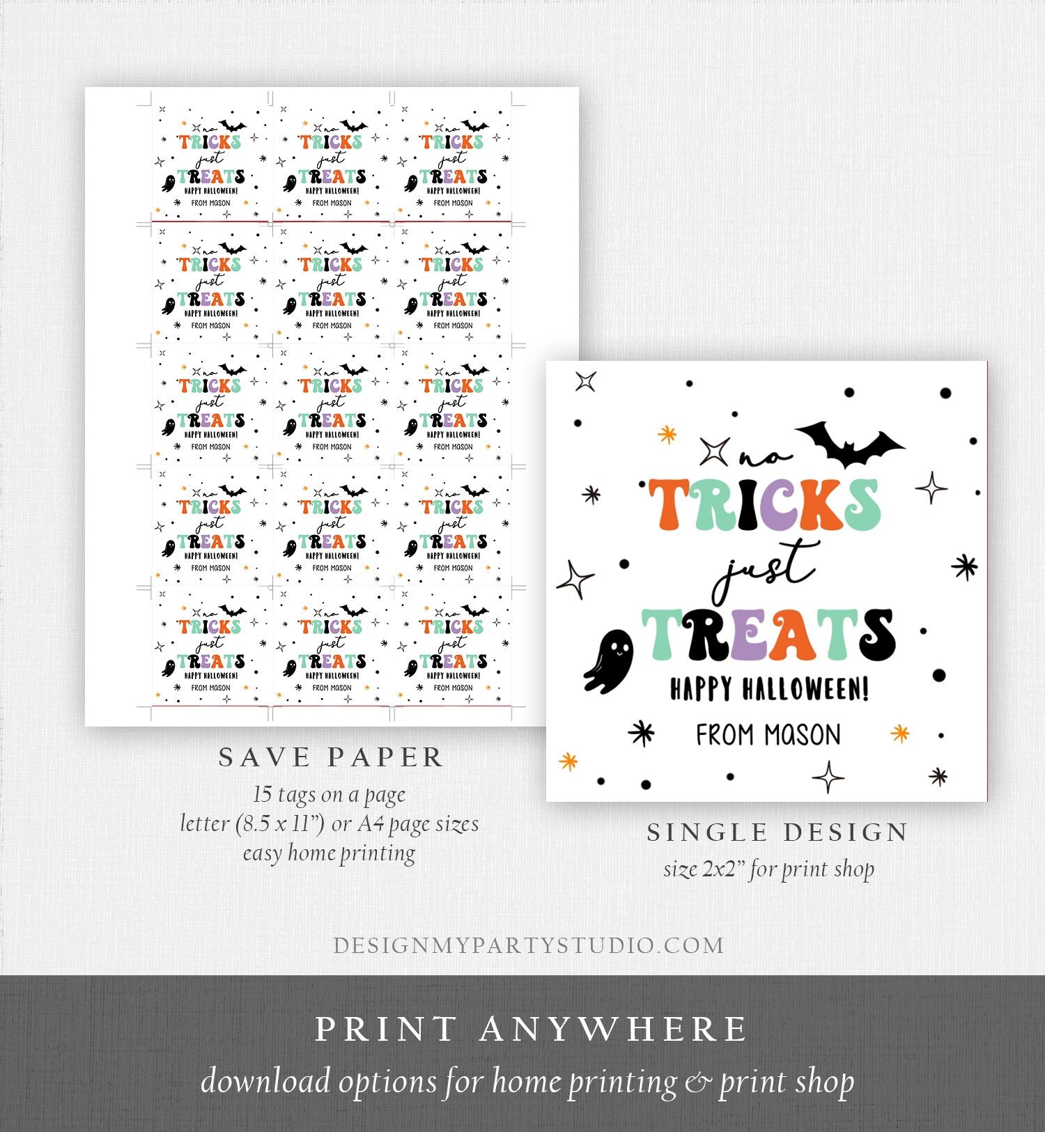 Editable Halloween Gift Tag No Tricks Just Treats Halloween Treat Tag Trick Or Treat Kids Digital Download Template Printable 0261