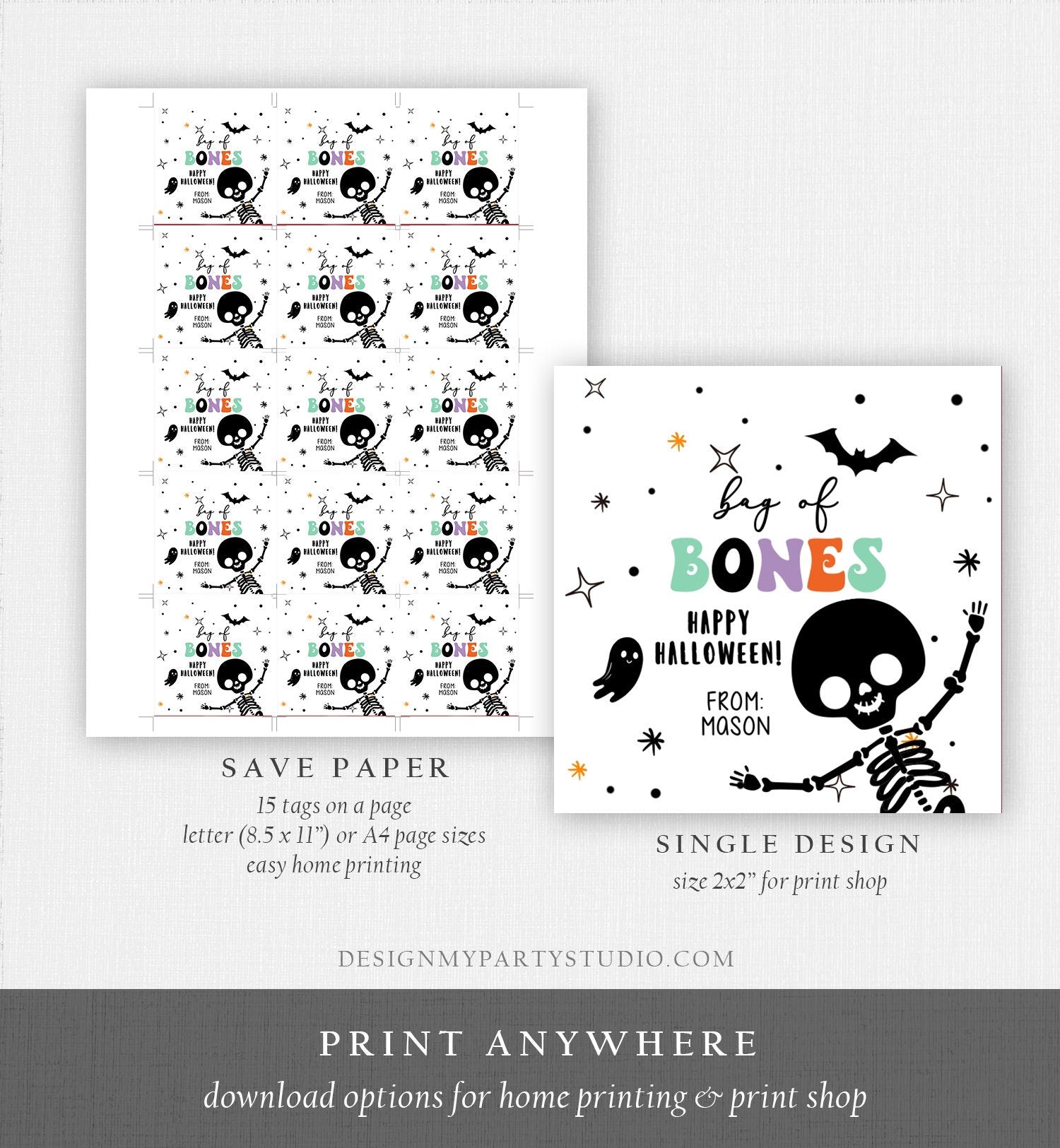 Editable Halloween Gift Tag Skeleton Sticker Trick Or Treat Halloween School Treat Bag of Bones Tag Digital Download Template Printable 0261