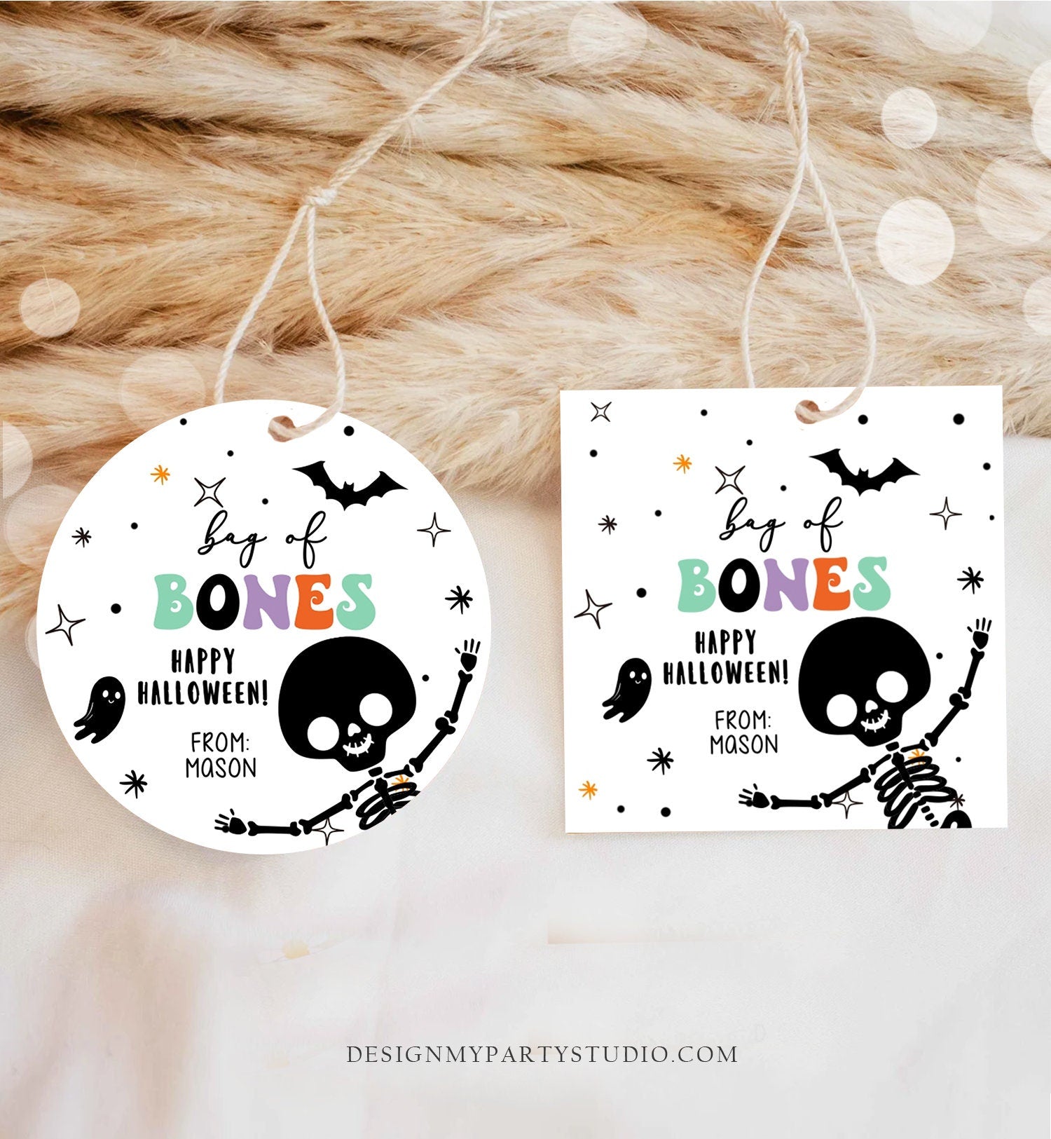 Editable Halloween Gift Tag Skeleton Sticker Trick Or Treat Halloween School Treat Bag of Bones Tag Digital Download Template Printable 0261