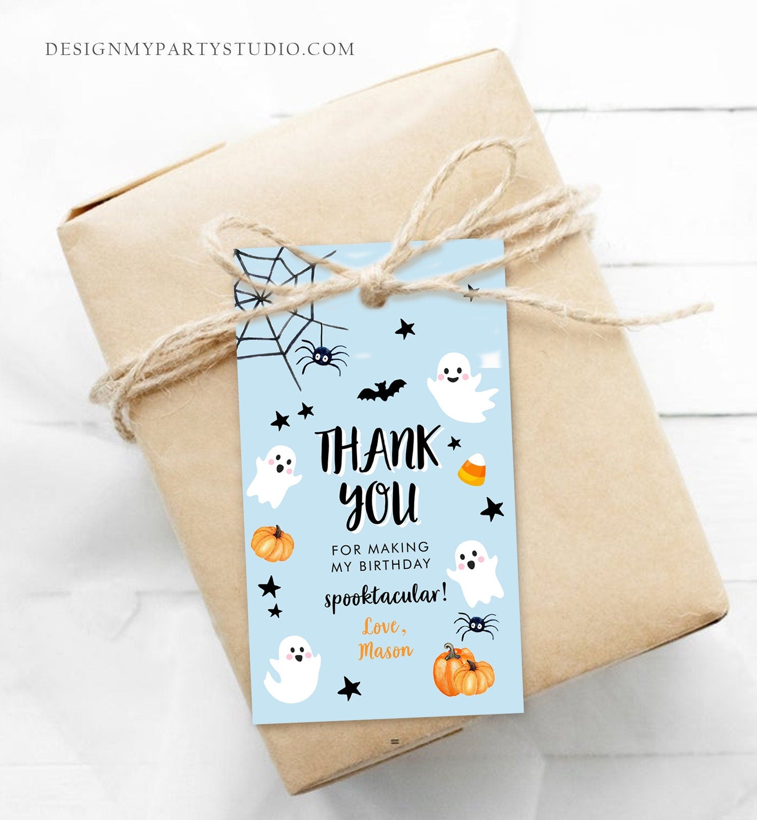 Editable Halloween Birthday Thank You Favor Tags Costume Party Boy Blue Spooktacular Ghost Party Digital Download Template Printable 0418