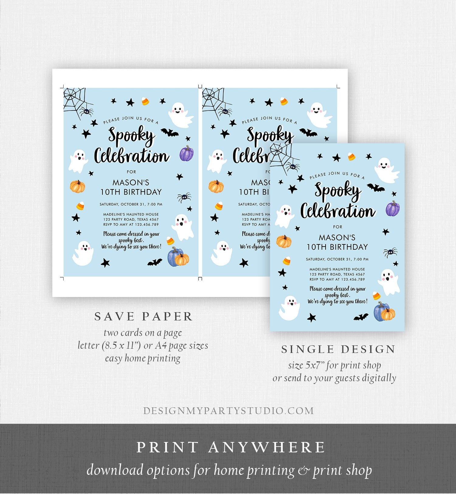 Editable Halloween Party Invitation Boy Blue Ghost Costume Halloween Birthday Spooktacular Digital Download Template Printable 0009 0418