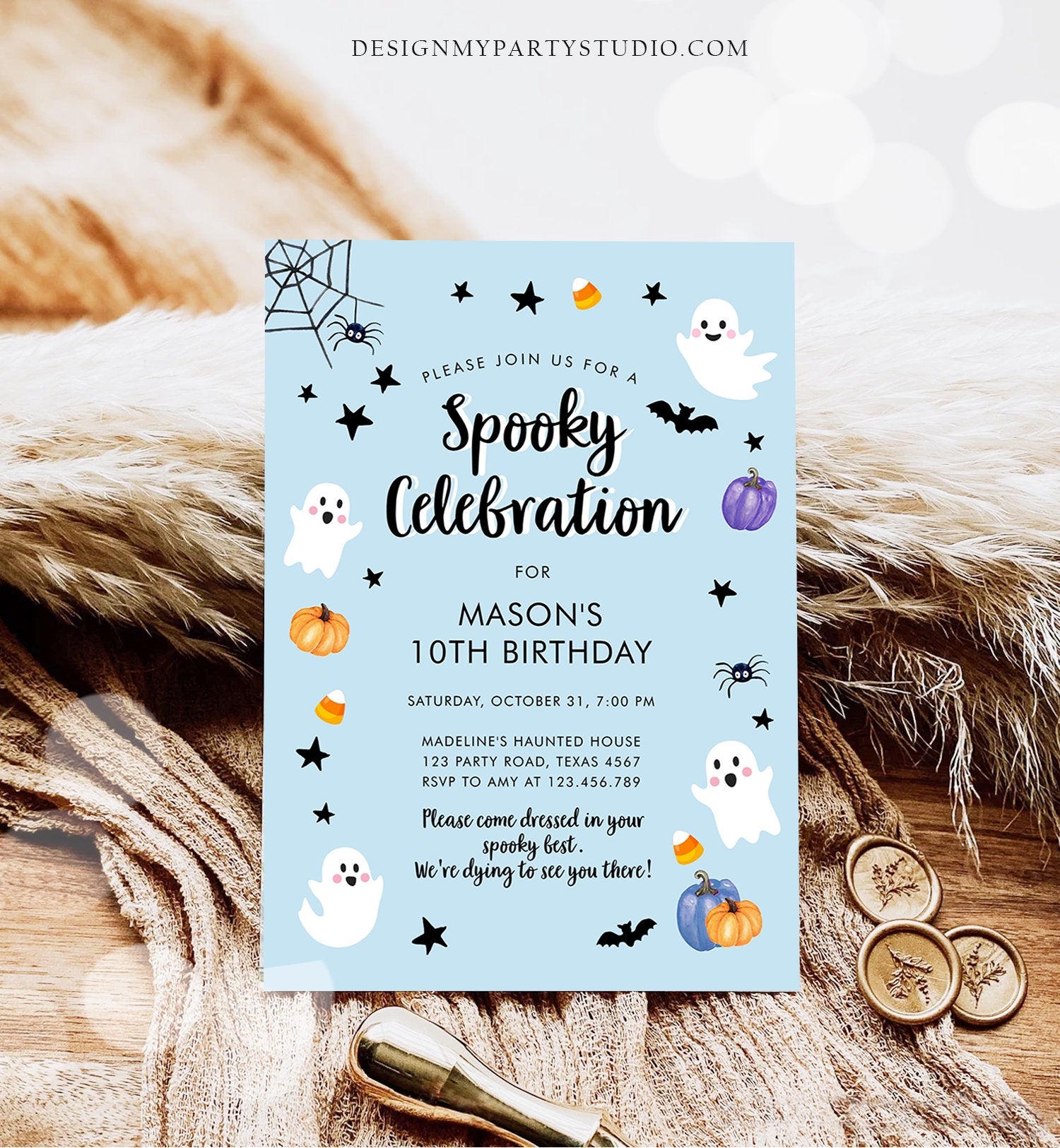 Editable Halloween Party Invitation Boy Blue Ghost Costume Halloween Birthday Spooktacular Digital Download Template Printable 0009 0418