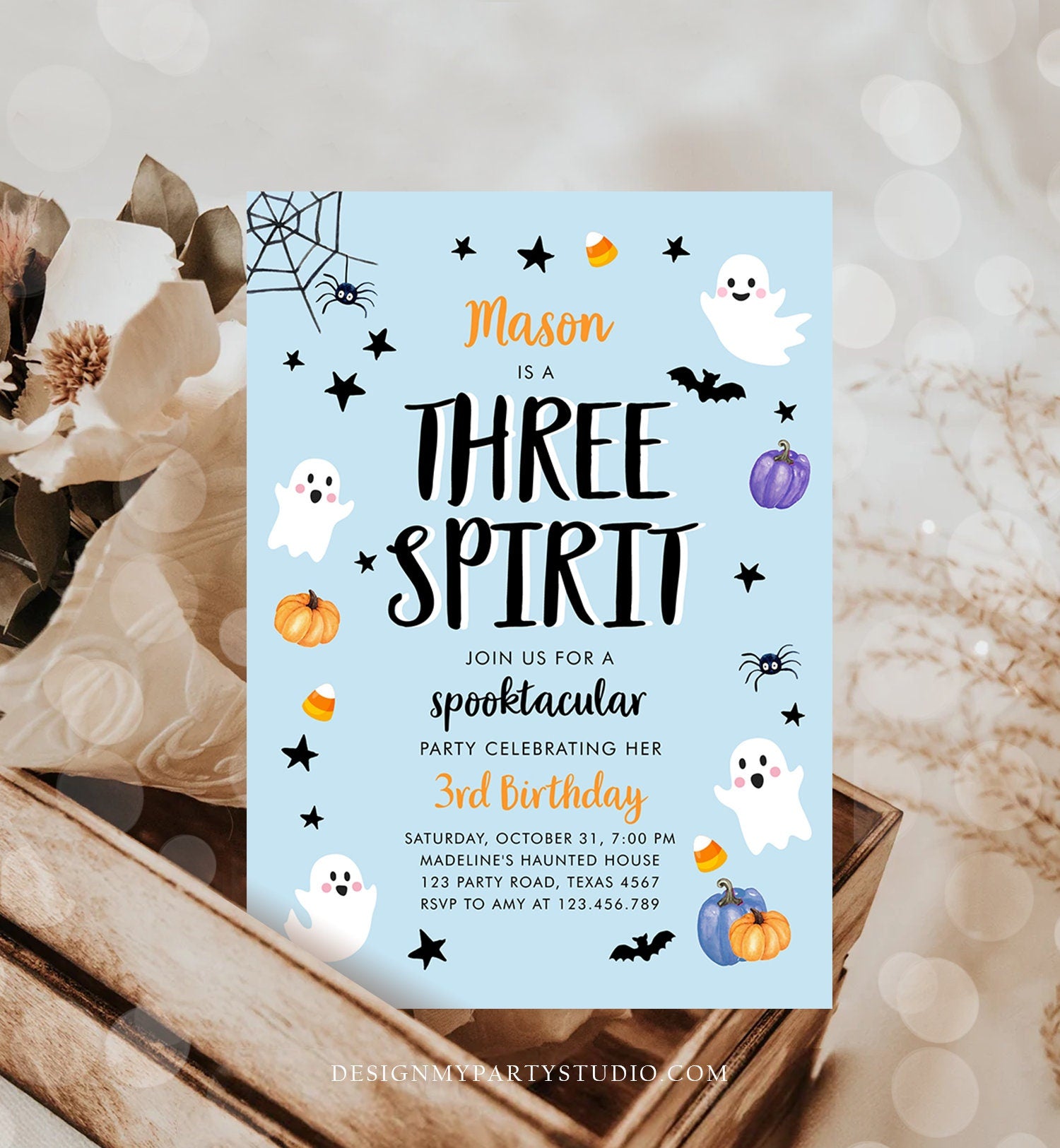 Editable Halloween Birthday Invitation Boy Blue Ghost Three Spirit 3rd Birthday Party Spooktacular Spooky Printable Template Corjl 0009 0418