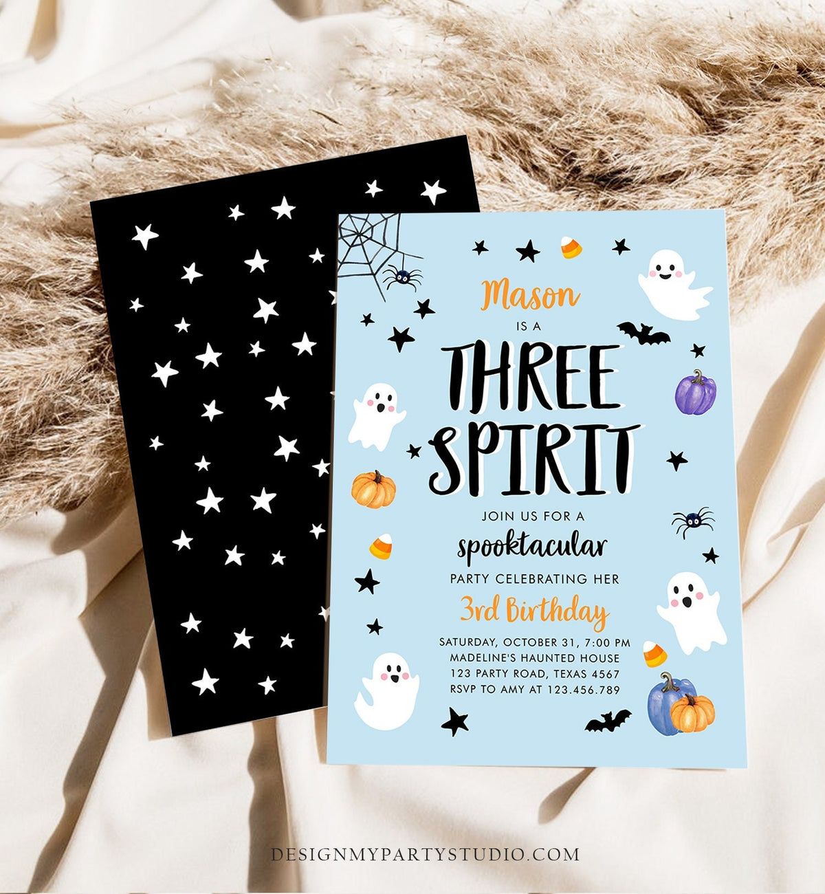 Editable Halloween Birthday Invitation Boy Blue Ghost Three Spirit 3rd Birthday Party Spooktacular Spooky Printable Template Corjl 0009 0418