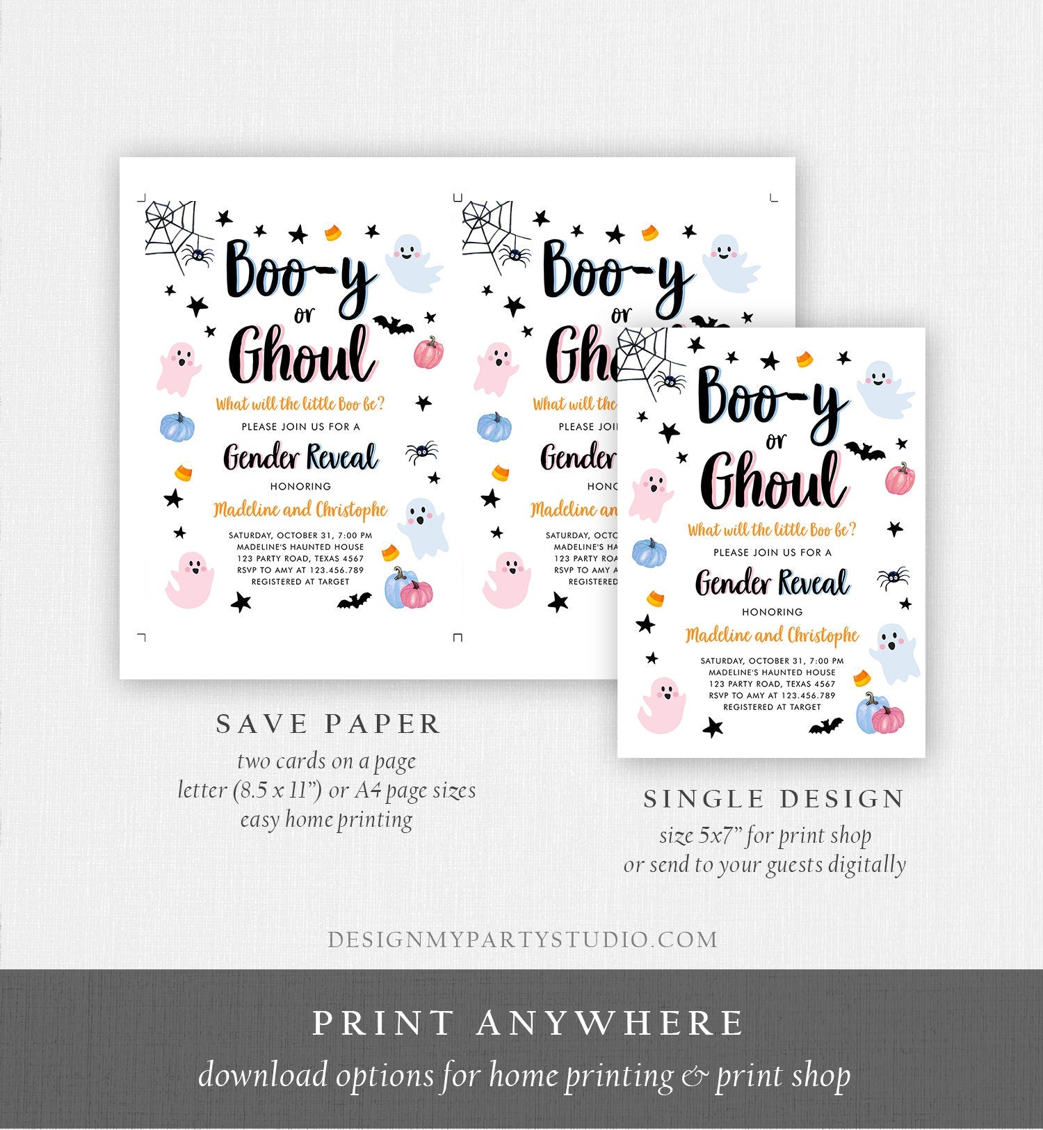 Editable Halloween Gender Reveal Invitation Little Boo Ghost Boo-y Ghoul Pink Blue Ghost Halloween Reveal Digital Template Printable 0418